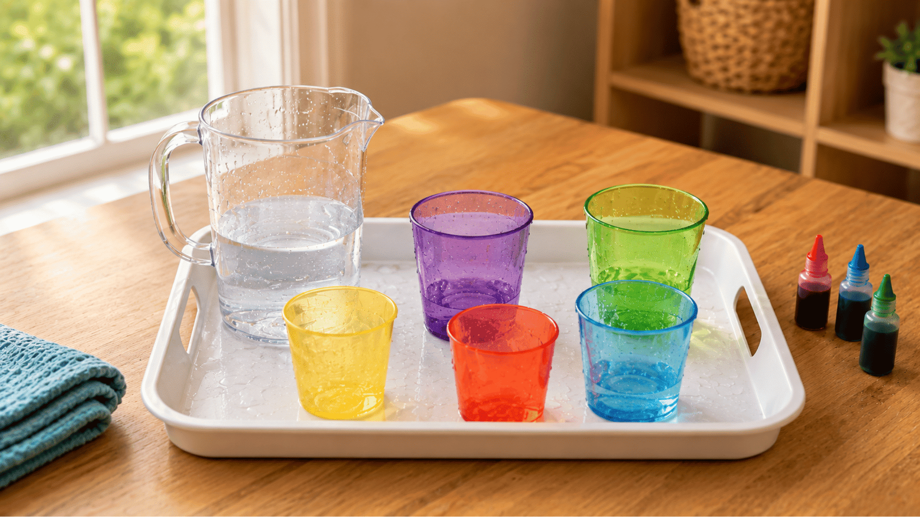 colorful cups water pitcher food coloring and towel set on a tray for a simple water mixing activity