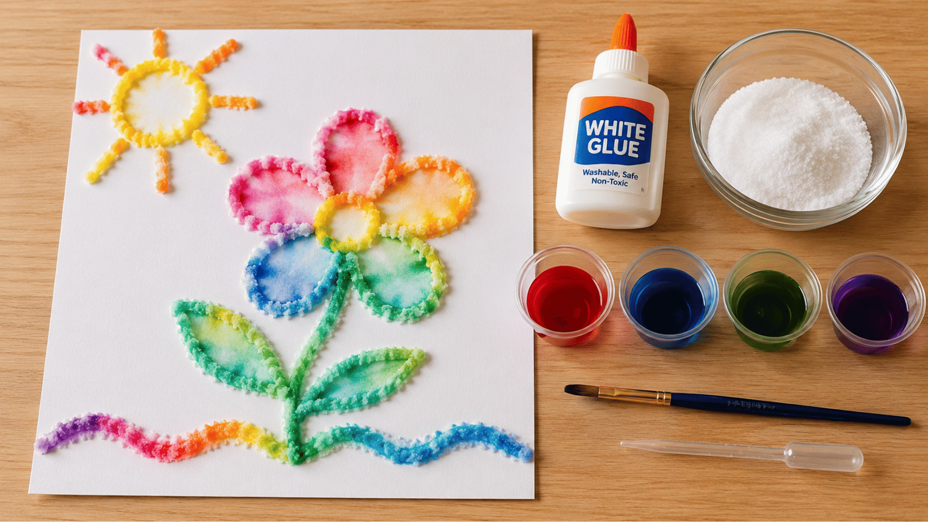 colorful salt painting of a flower and sun beside glue dye cups brush and salt on a wooden table top