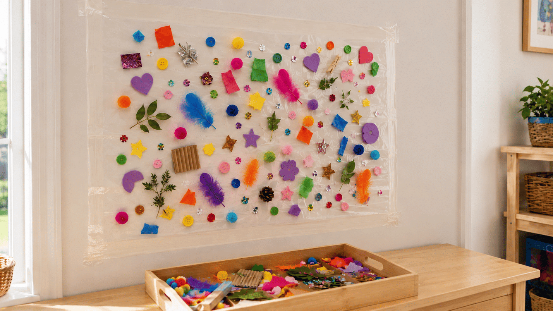 colorful sensory collage with feathers buttons leaves felt shapes and pom poms above the wooden tray