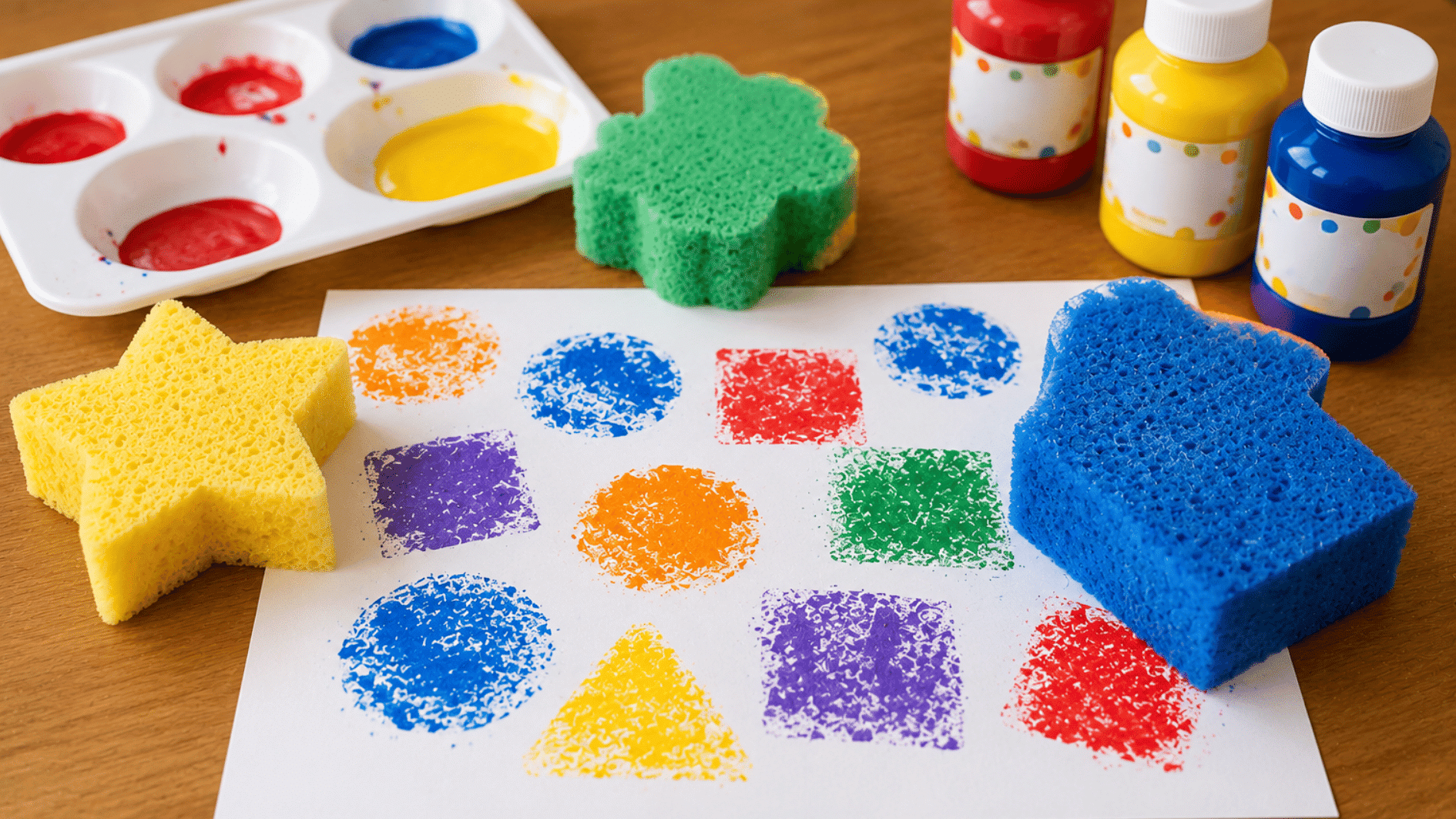 colorful sponge stamps create circles squares and triangles with washable paint on white paper craft