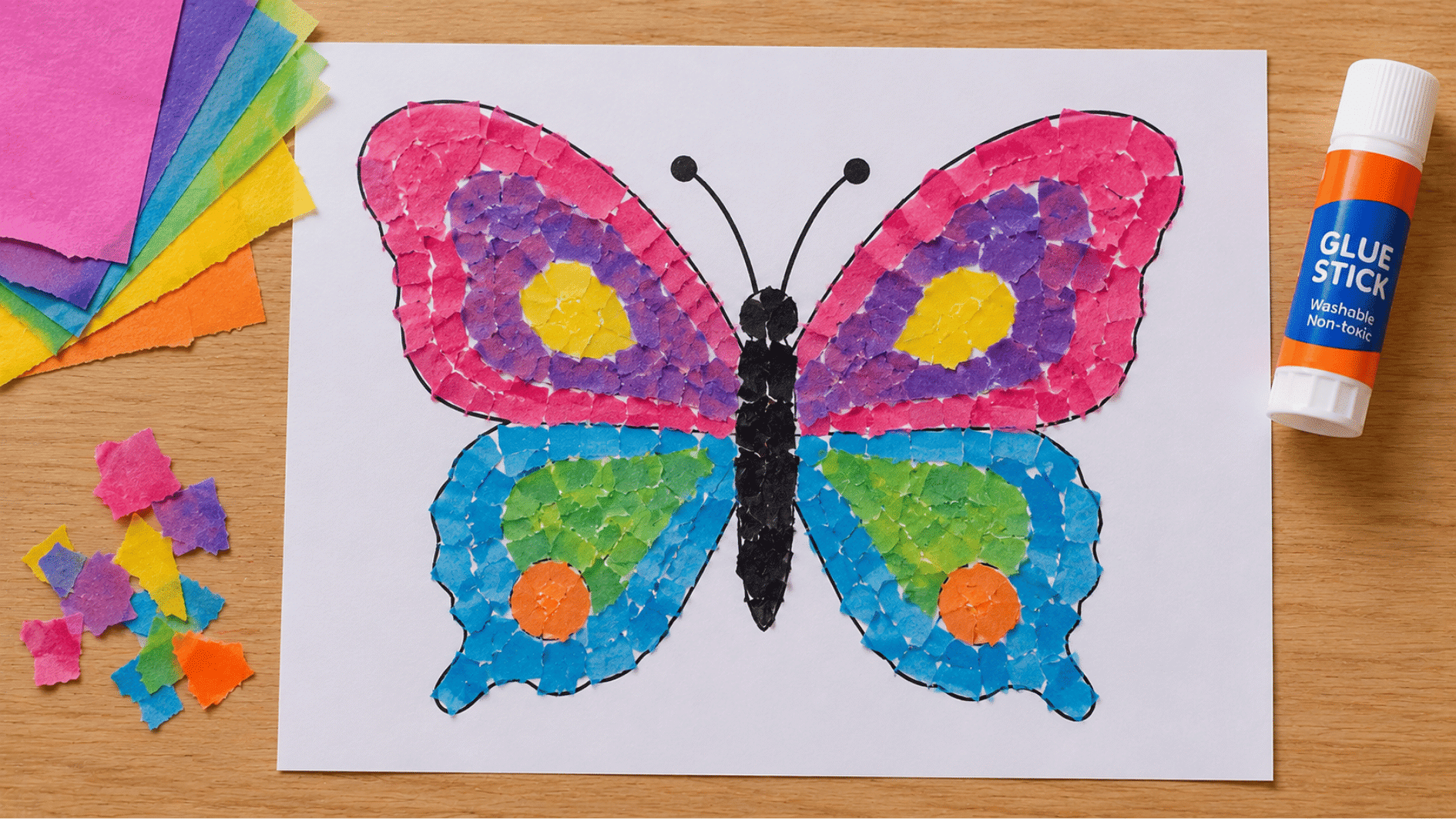 colorful torn paper butterfly collage on white paper near tissue sheets and glue stick on wood table