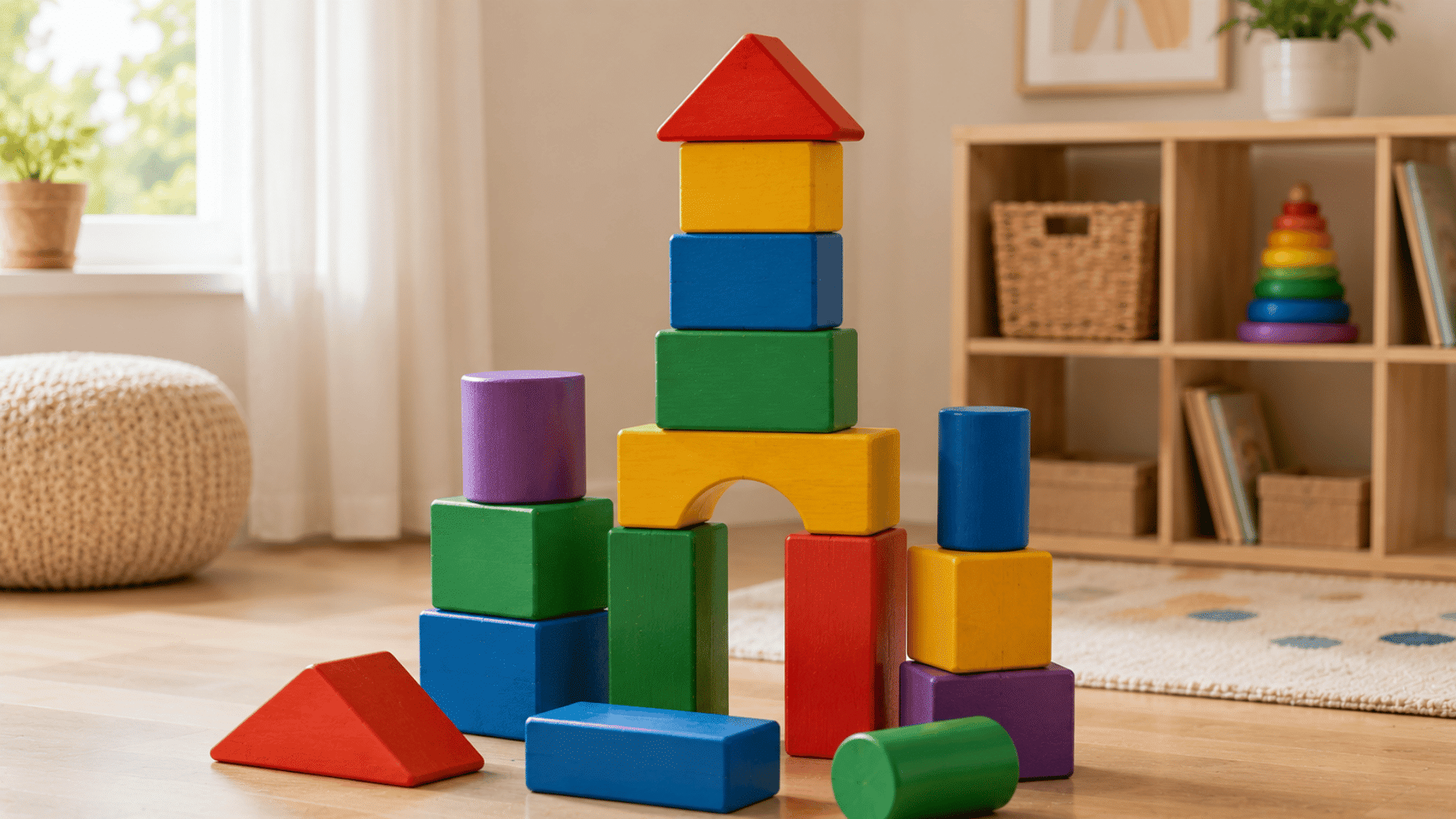 colorful wooden building blocks stacked into towers and arches across bright and cozy playroom floor