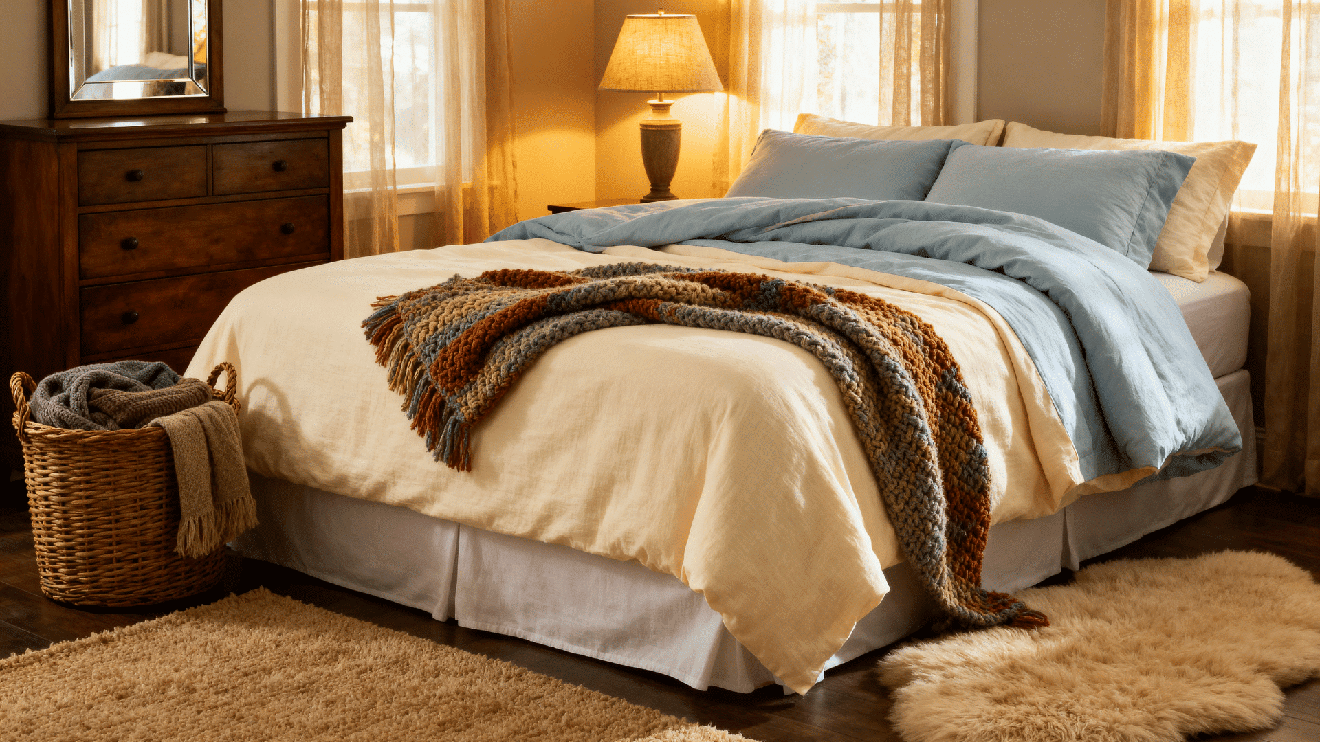 comfortable guest bedroom with layered sheets mid weight duvet knit throw and extra blankets near the bed tucked