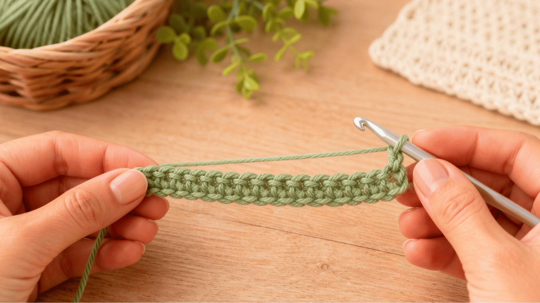 completed row of green half double crochet stitches held between hands with a hook at the row end