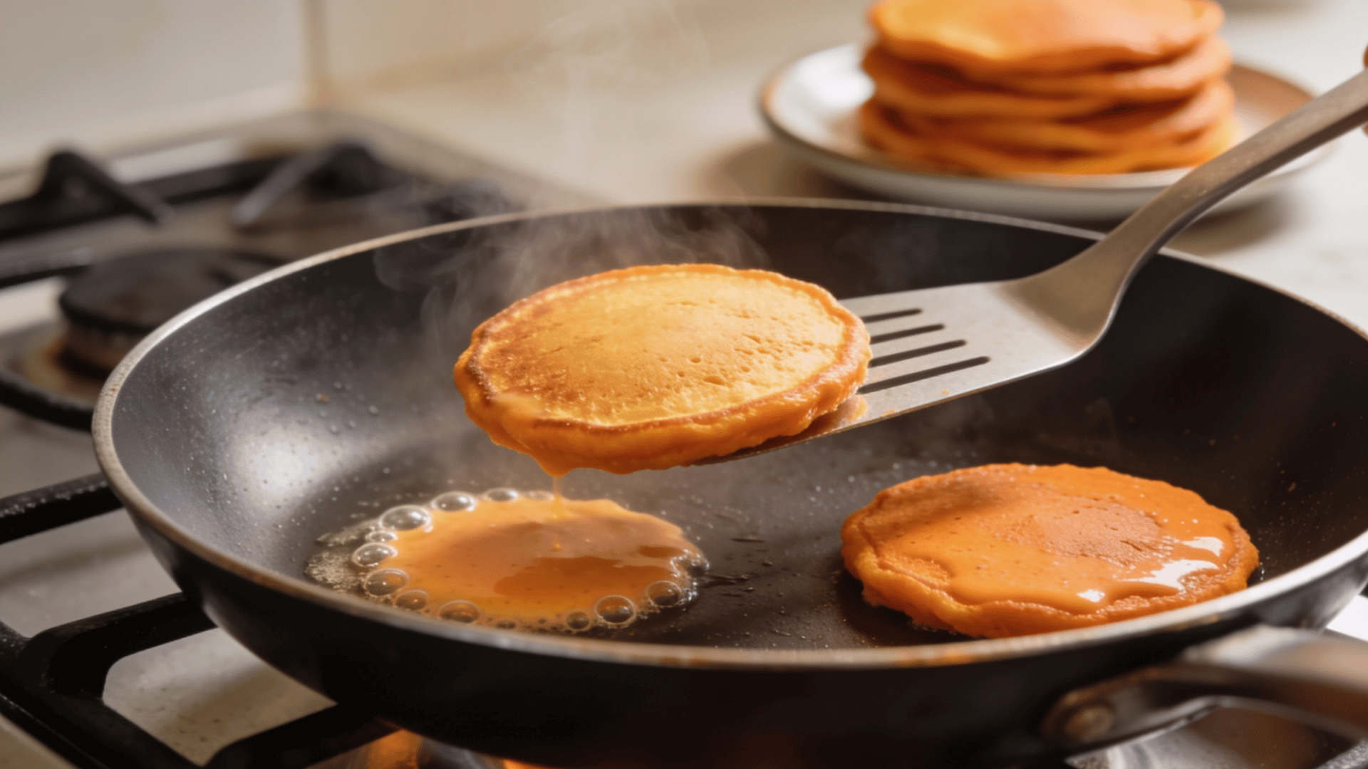 cooking soft sweet potato pancakes in a skillet until golden for a baby-friendly breakfast