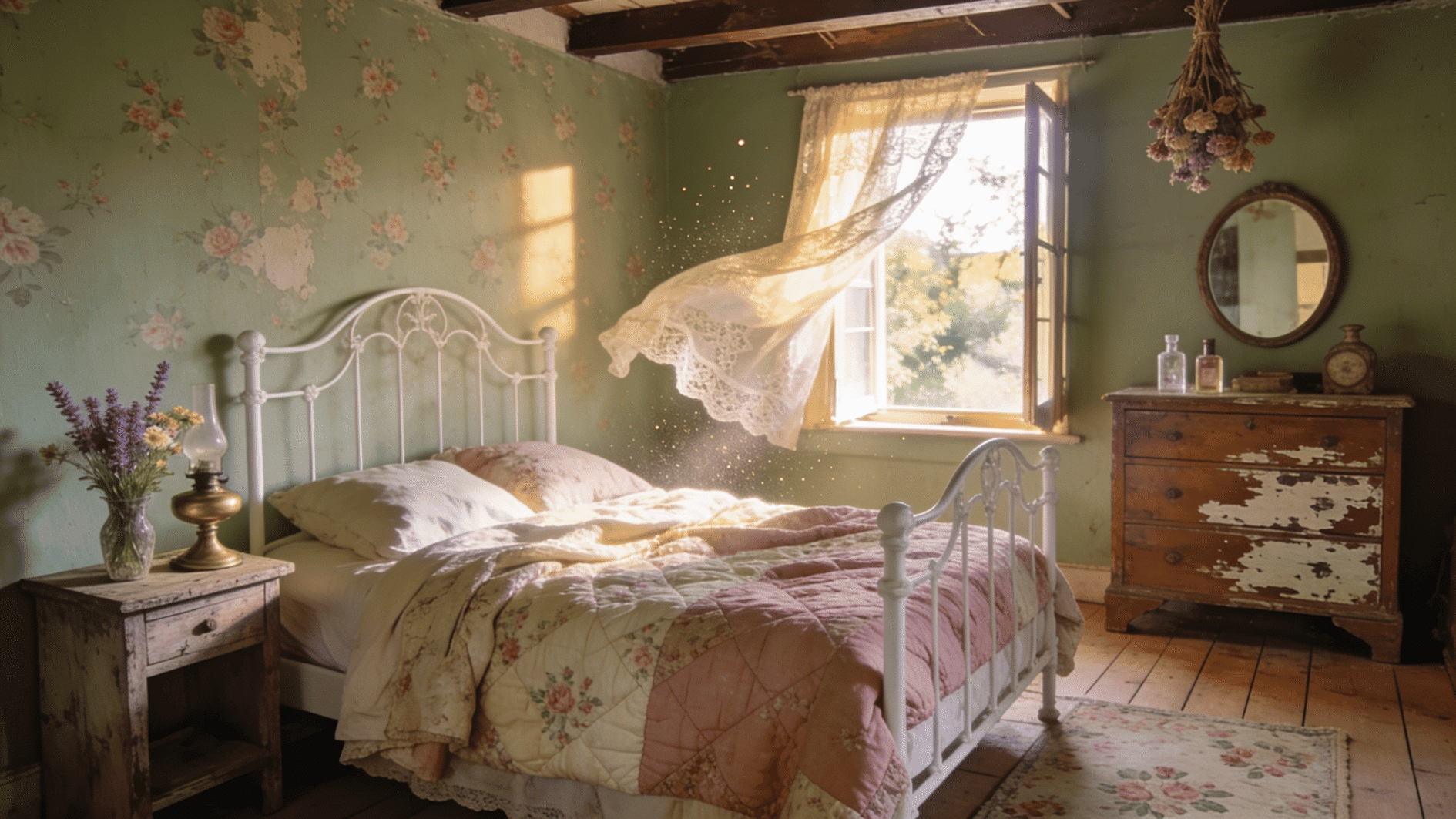 cottagecore bedroom with floral patterns pastel colors vintage furniture and soft countryside aesthetic