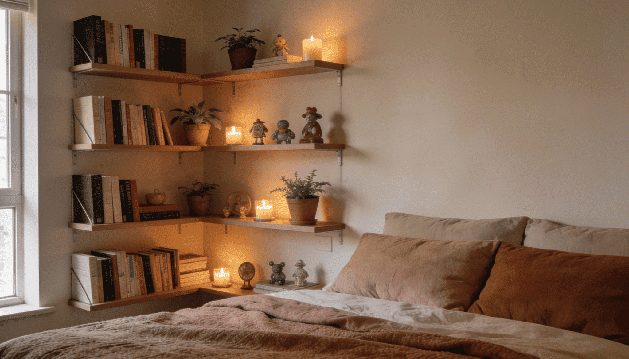 cozy bedroom corner with open wooden shelving, books, plants, candles, and warm ambient lighting