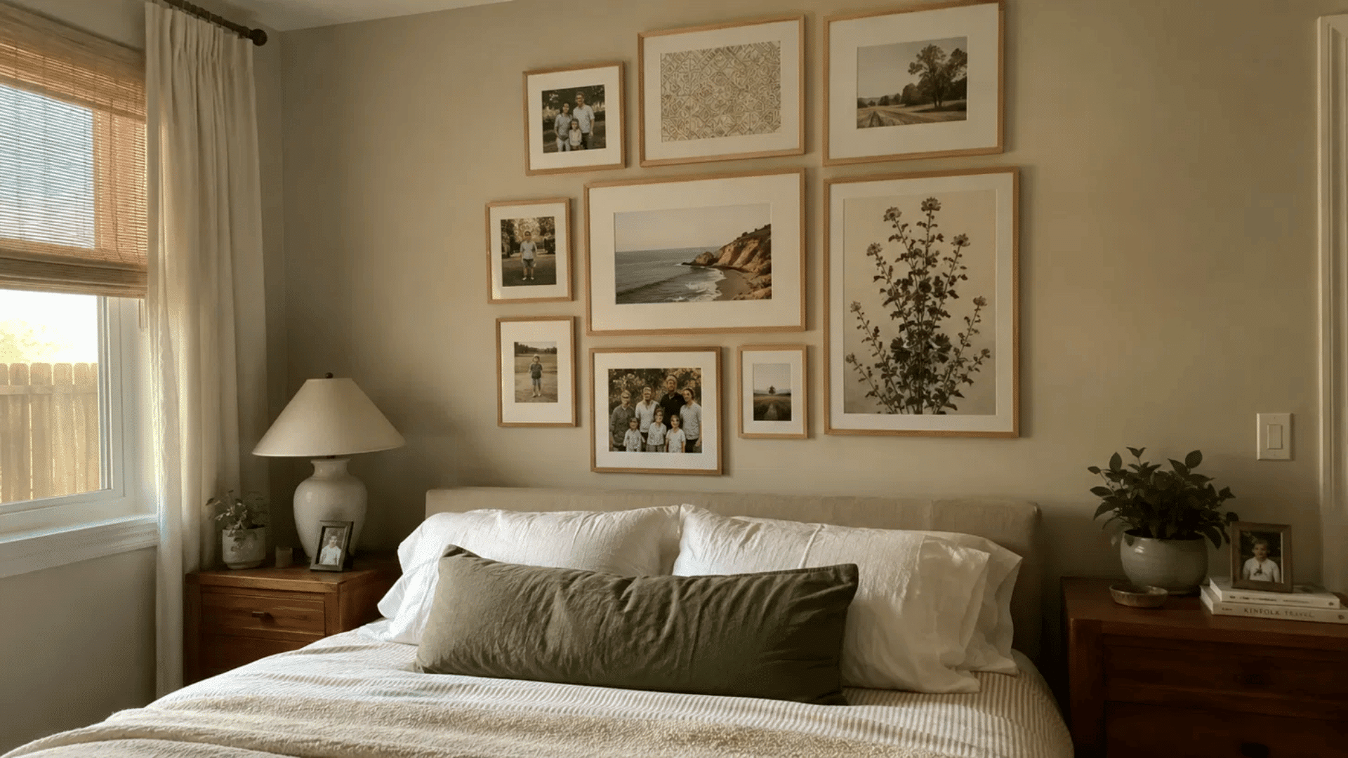 cozy bedroom with a gallery wall of family photos and art prints in natural wood frames above the bed