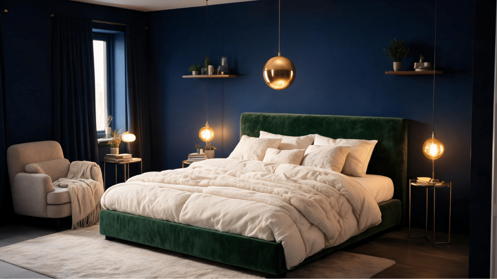cozy bedroom with dark blue walls and green velvet bed