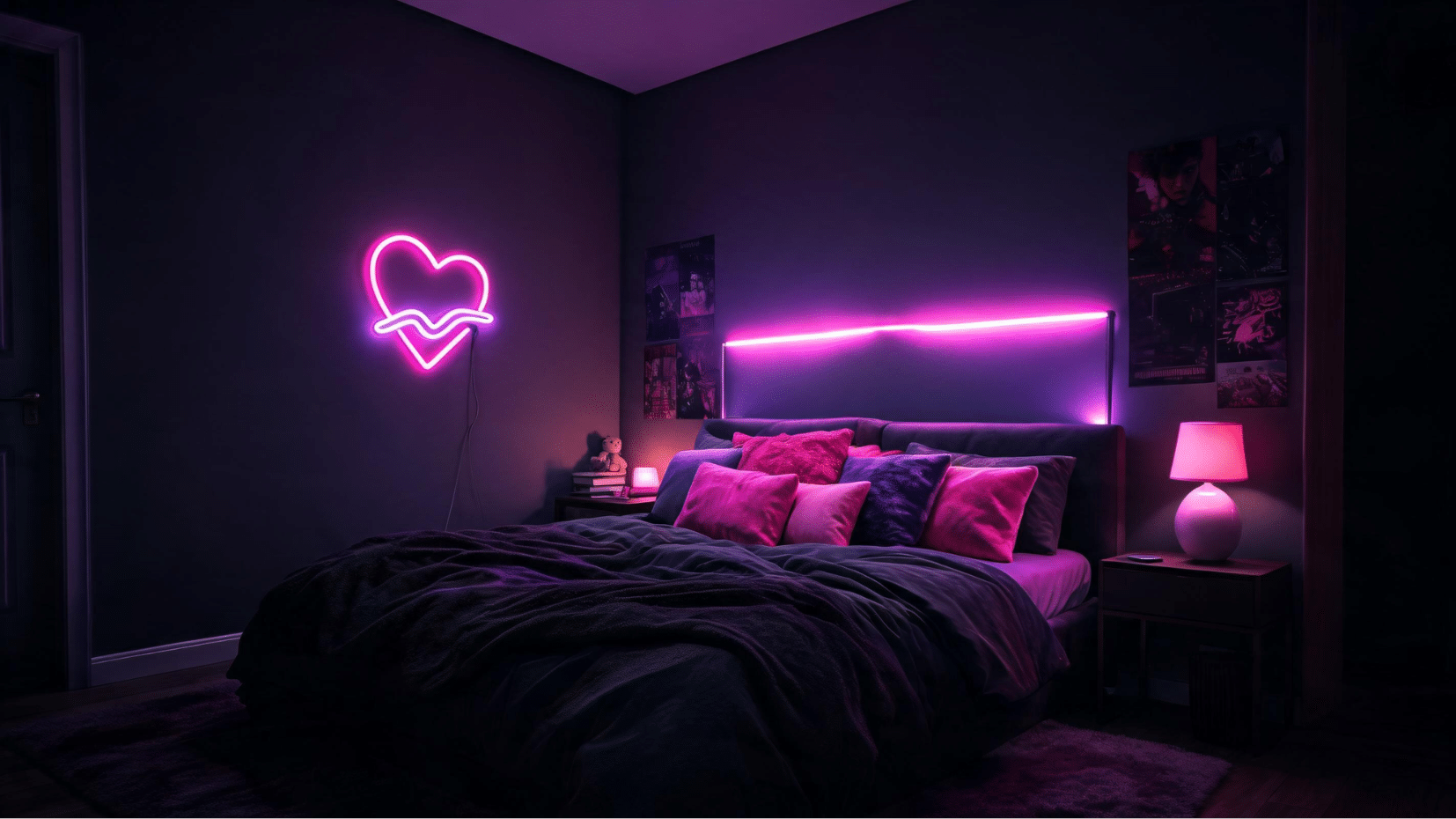 cozy bedroom with dark walls and purple neon lighting