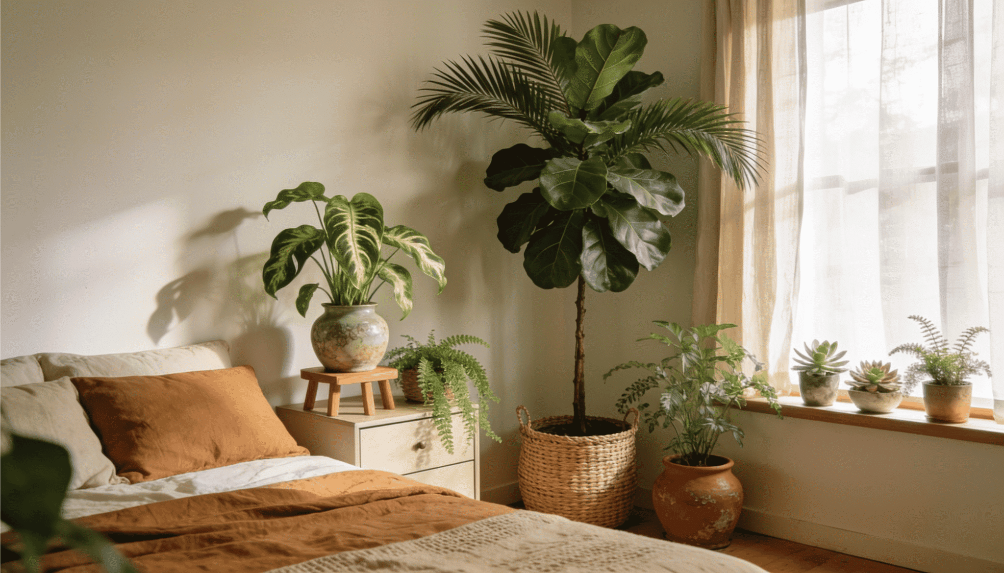 cozy bedroom with layered houseplants in varied pots, warm terracotta bedding, and soft sunlight through sheer curtains
