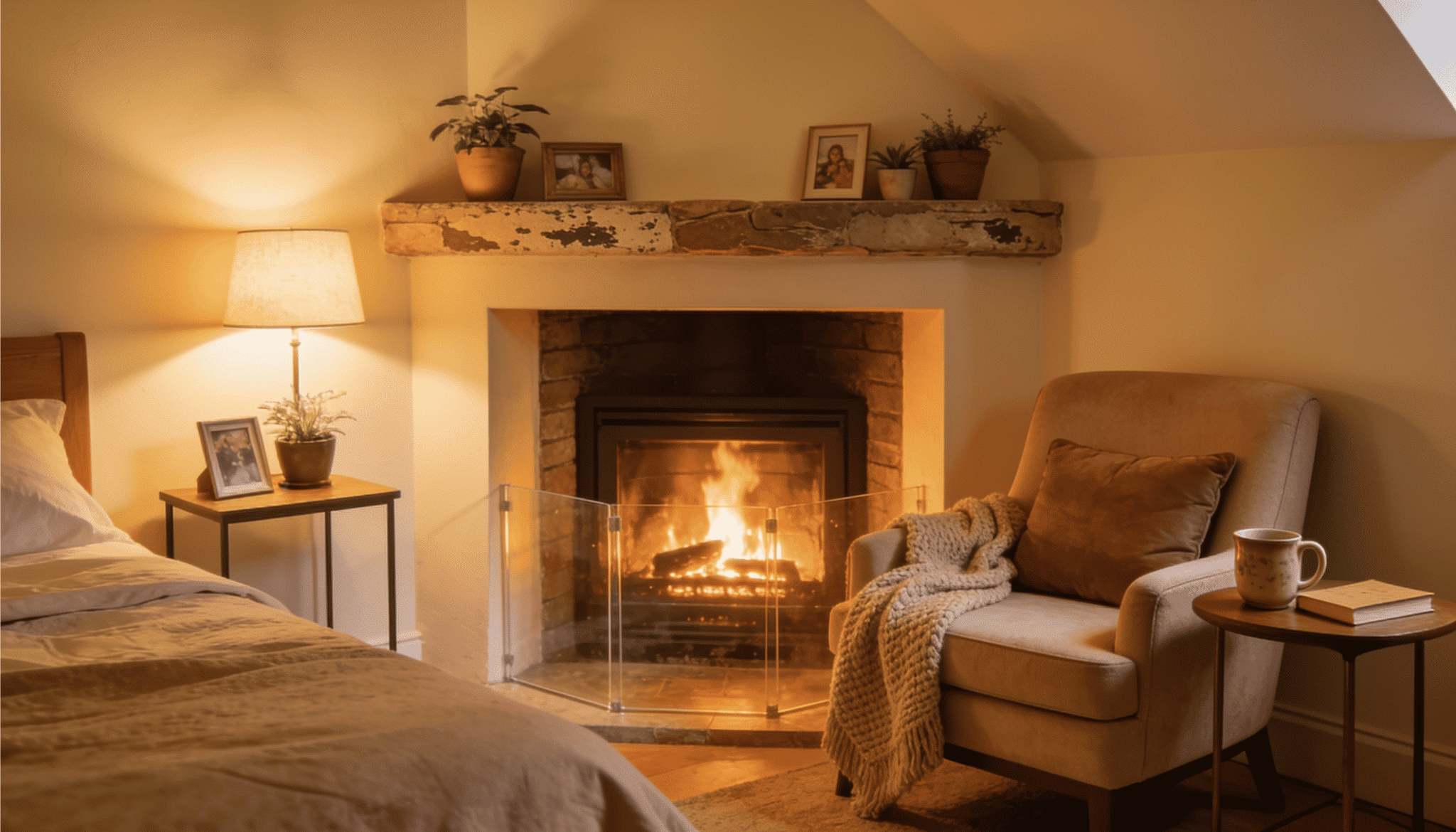 cozy bedroom with lit fireplace, armchair, wool throw, warm lamp light, and a book and mug on a side table