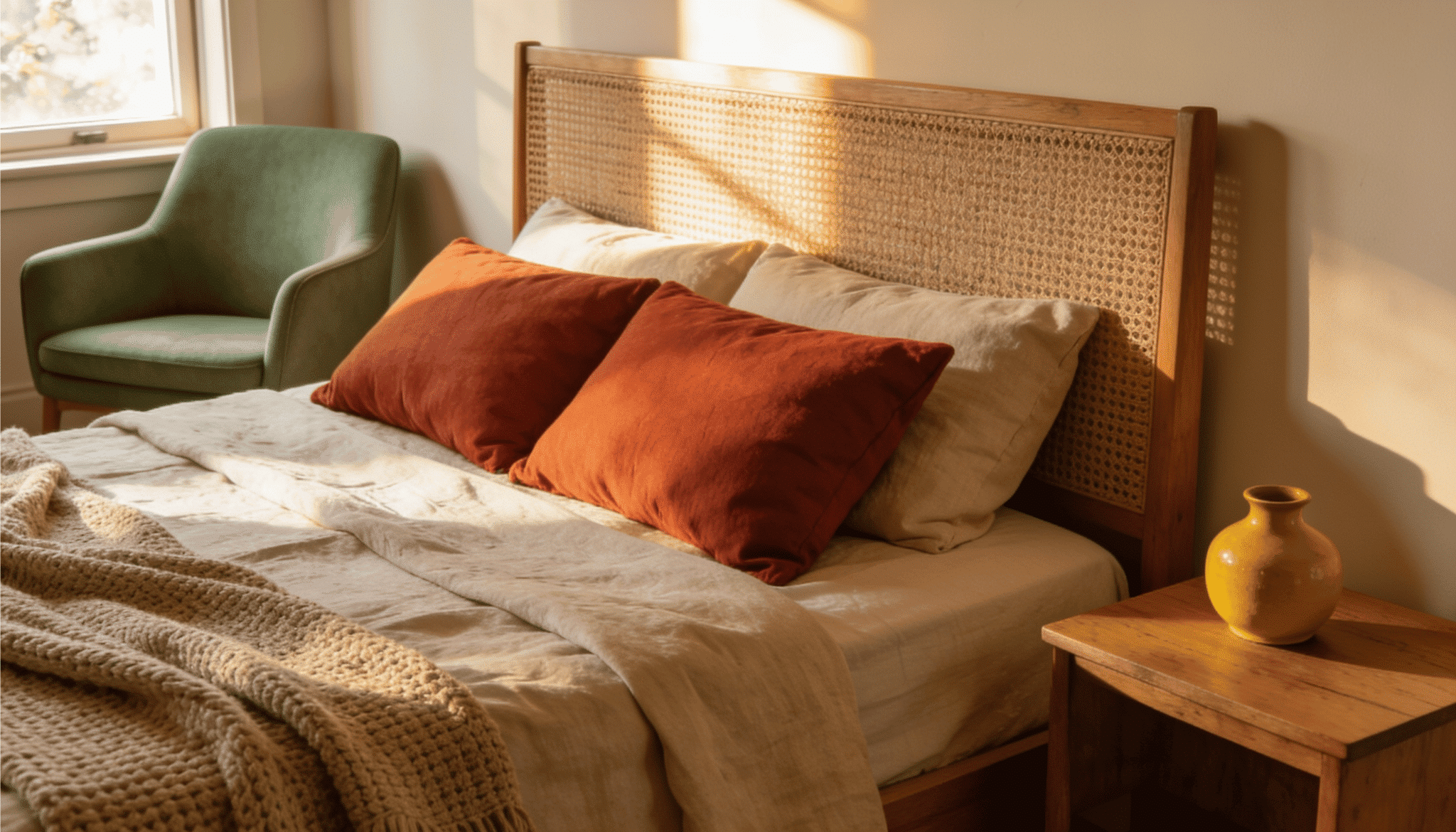 cozy bedroom with rattan headboard, rust orange pillows, green velvet chair, and a mustard yellow vase on nightstand