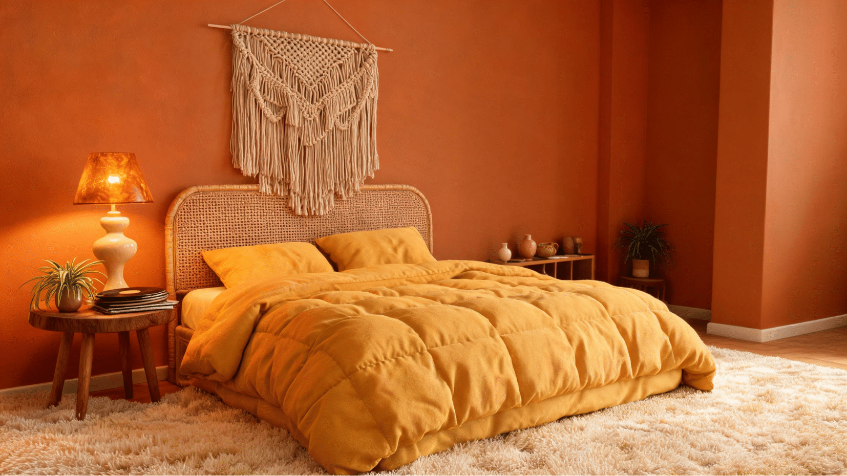 cozy bedroom with warm yellow tones and textured decor