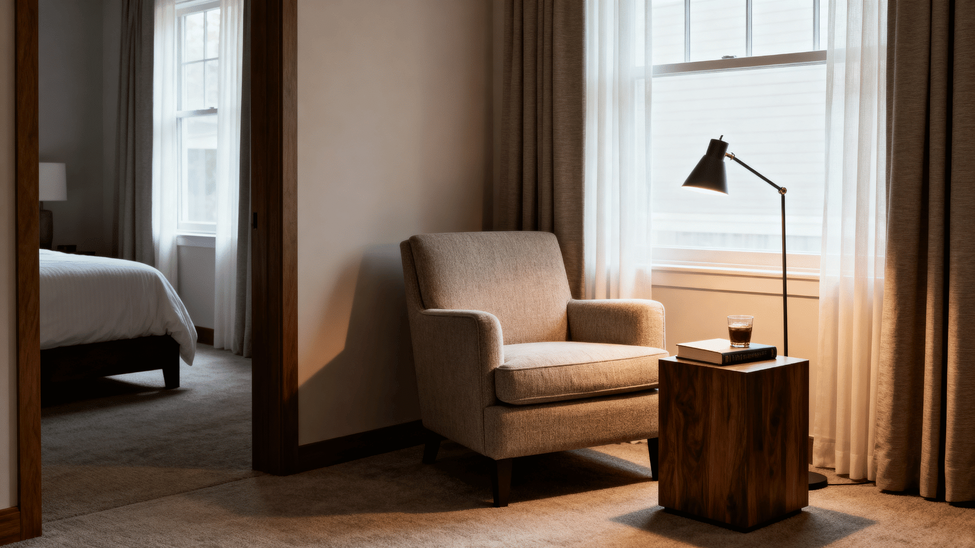 cozy guest bedroom reading corner with armchair floor lamp side table book drink and calm natural light nearby