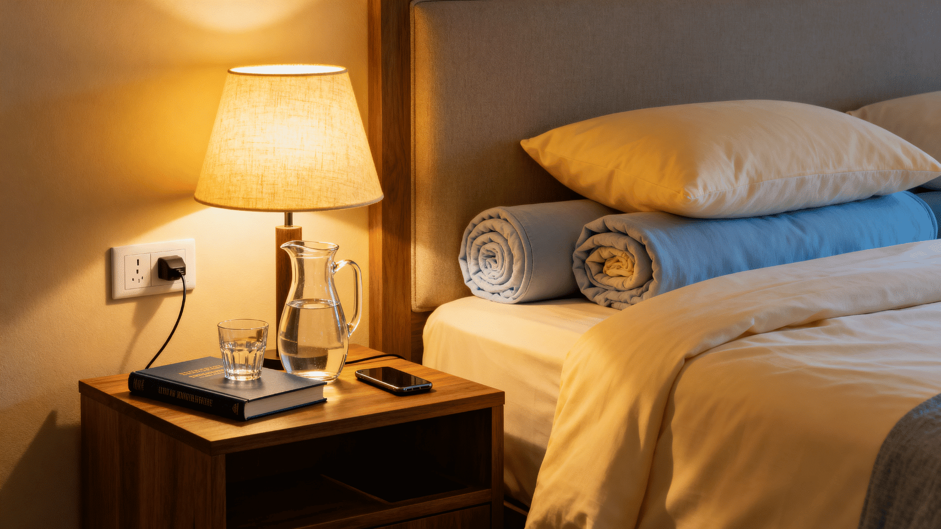cozy guest bedside with warm lamp charging point small nightstand water carafe glass book and phone space ready