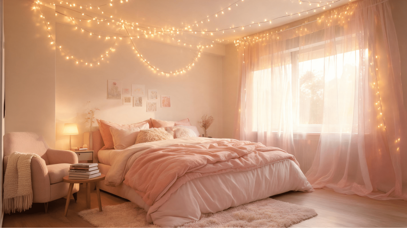 cozy pink bedroom with fairy lights and soft glow