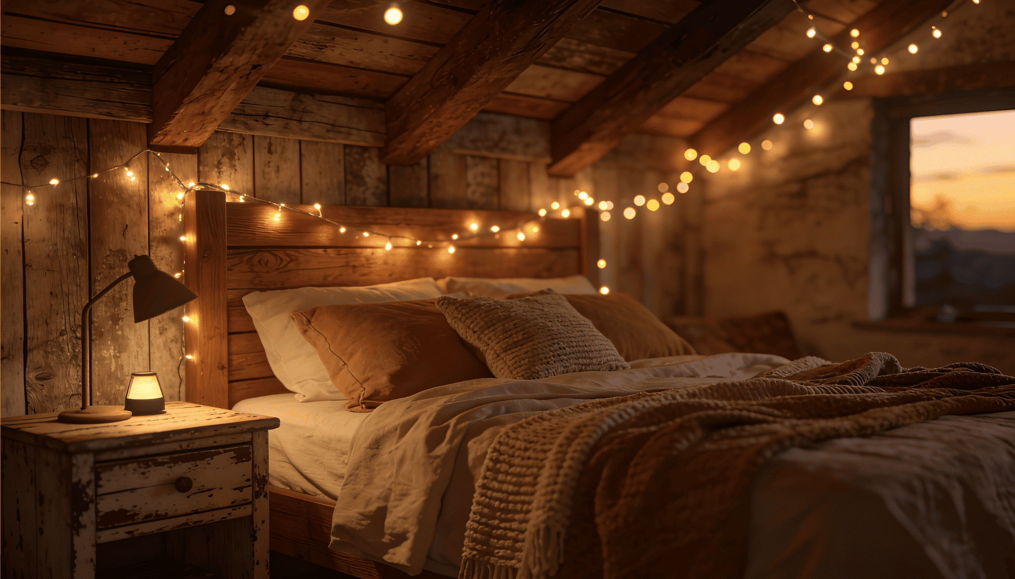 cozy rustic bedroom at dusk with warm string lights draped along wooden headboard and exposed ceiling beams