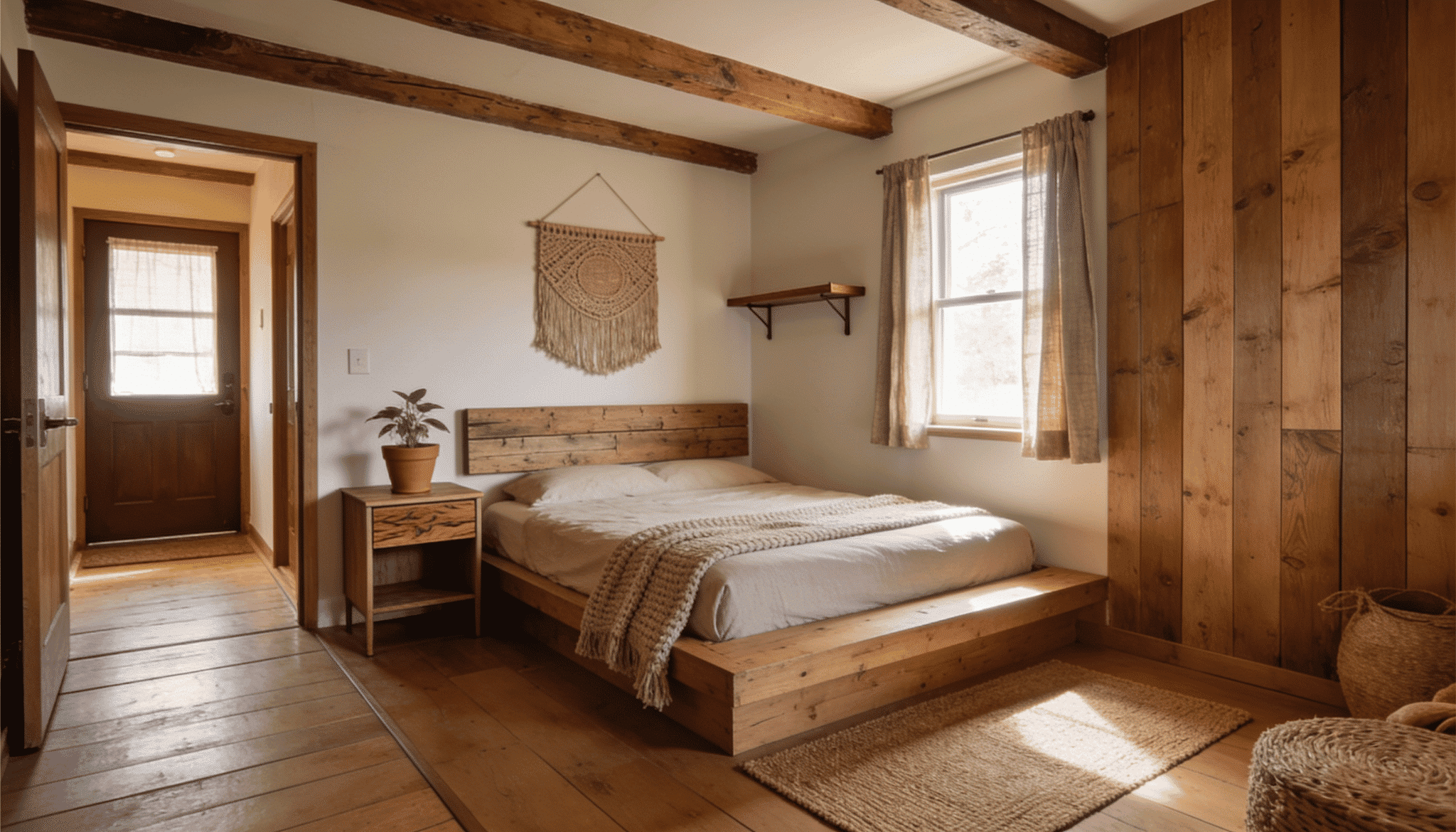 cozy wood-paneled bedroom with platform bed, macrame wall hanging, floating shelf, and view into hallway