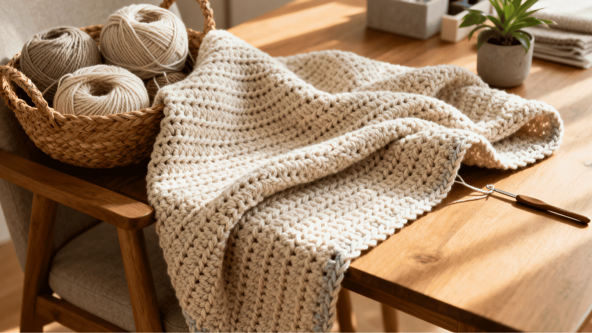 cream half double crochet blanket draped over a chair and wooden table with yarn basket and hook nearby