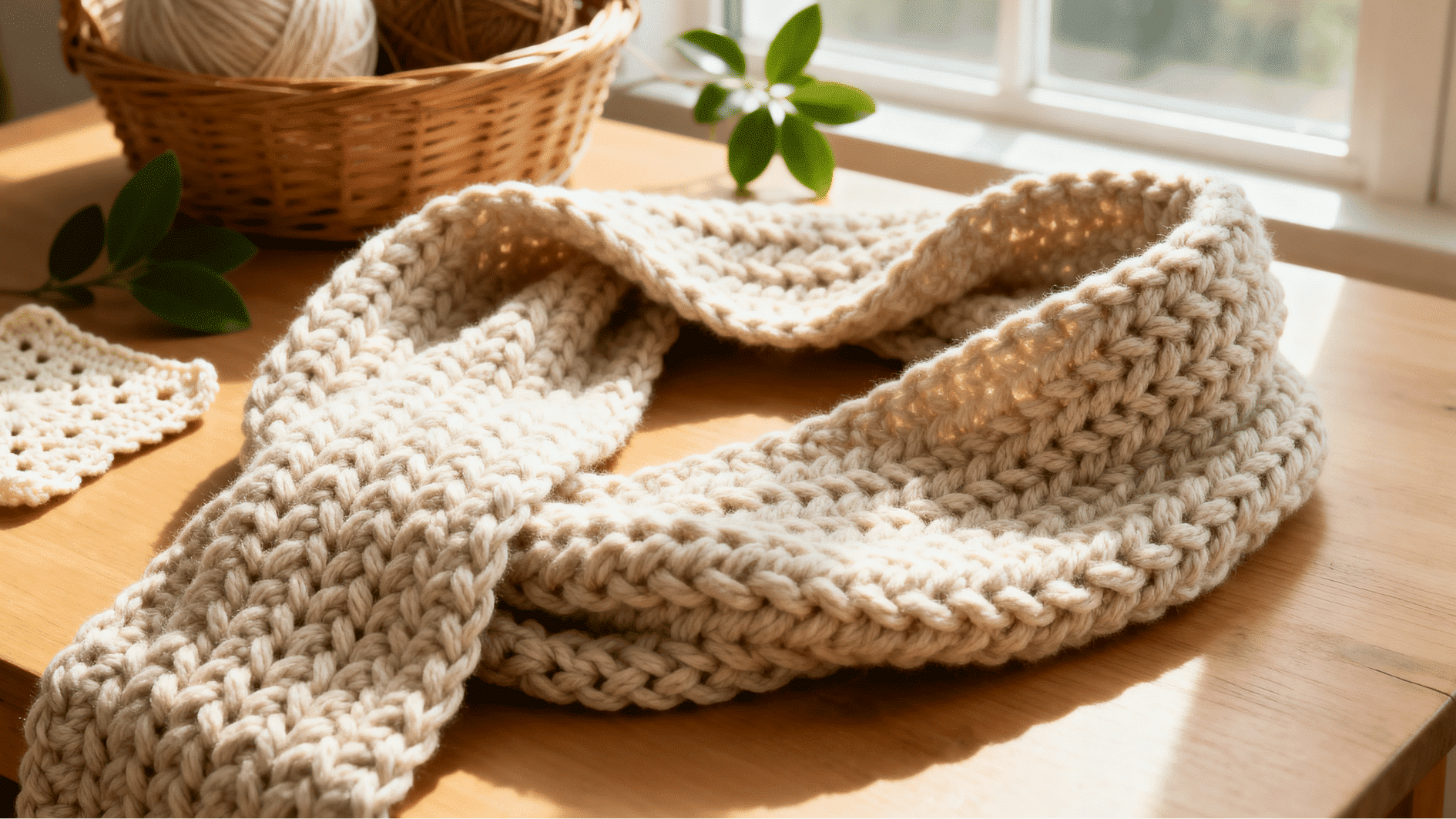 cream half double crochet scarf draped on a sunny wooden table with yarn basket and plant nearbycream half double crochet scarf draped on a sunny wooden table with yarn basket and plant nearby
