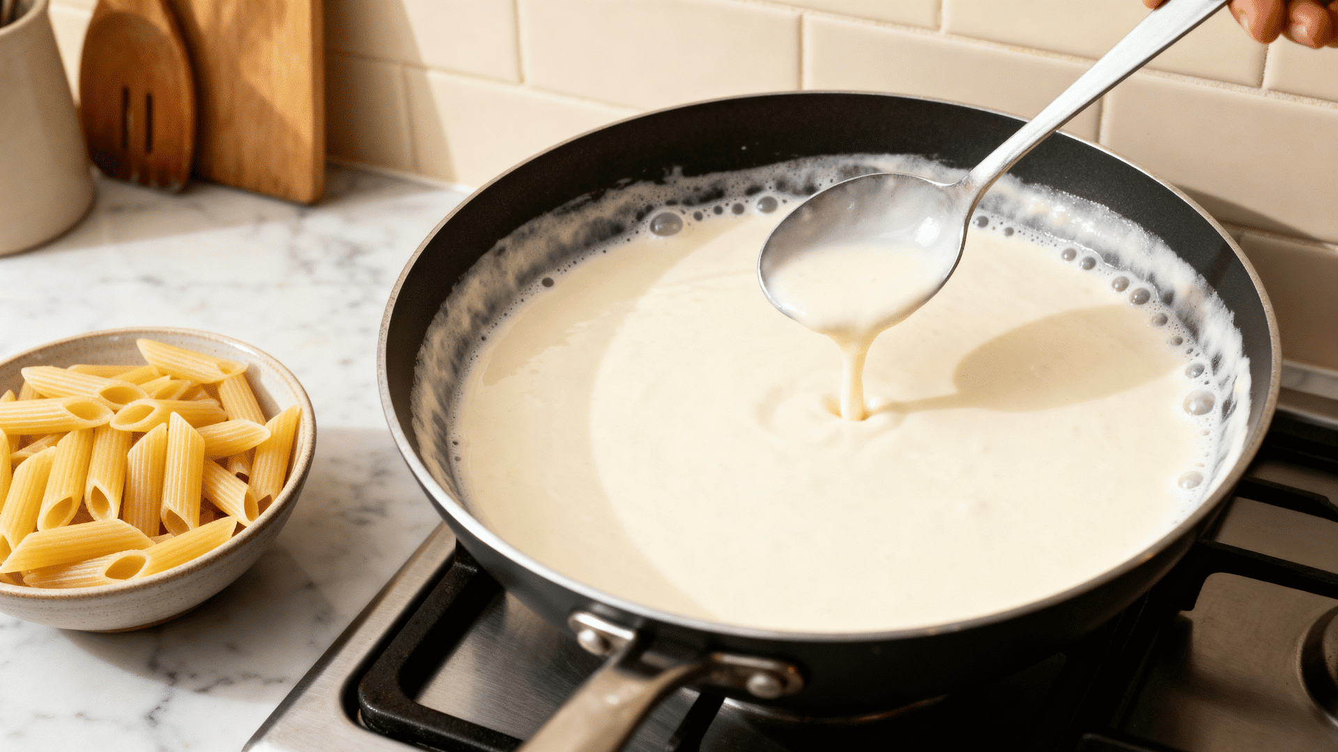 creamy white sauce simmering in a pan with cooked penne pasta ready beside the warm kitchen stove