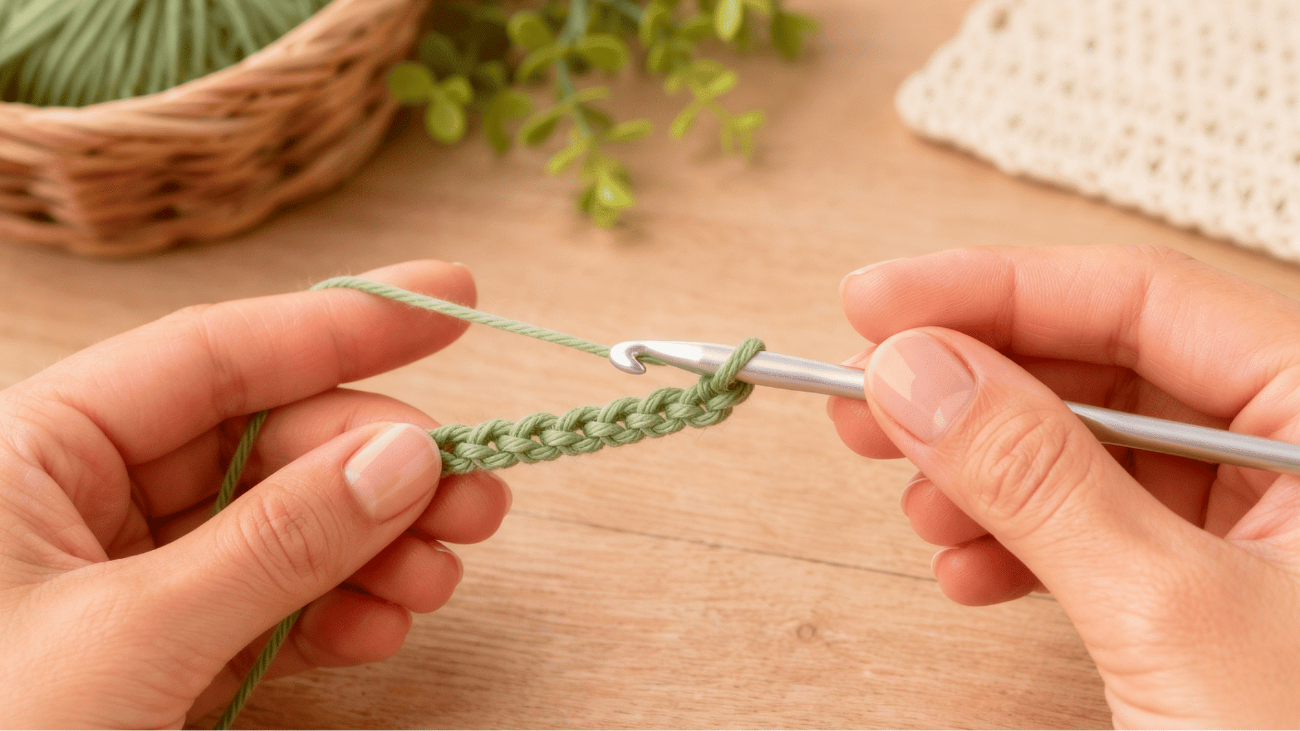 crochet hook inserted into a green chain stitch with yarn over, showing the start of half double crochet