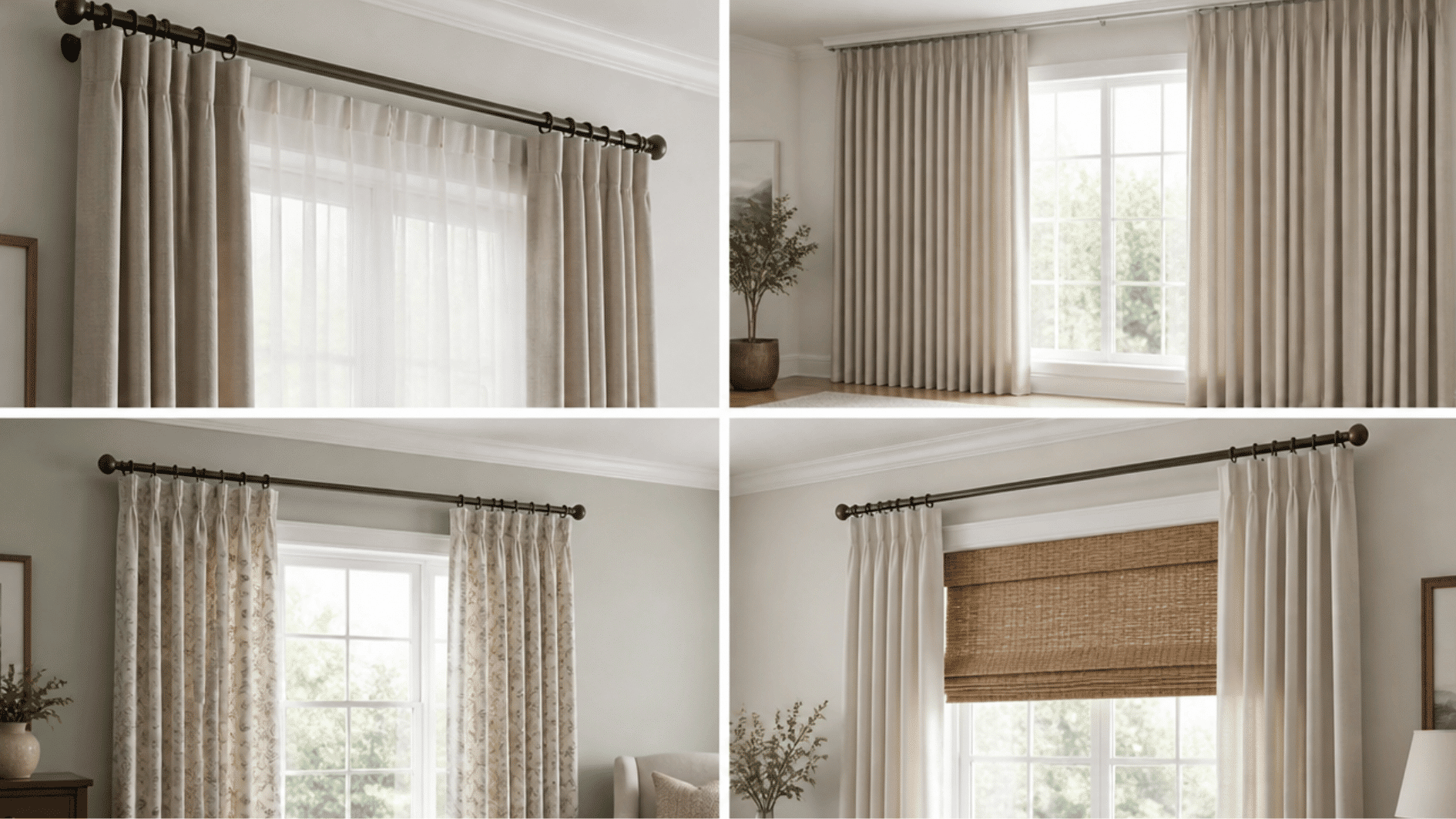 different curtain hardware setups showing double rods, ceiling tracks, single rods, and shades with curtains for layered windows