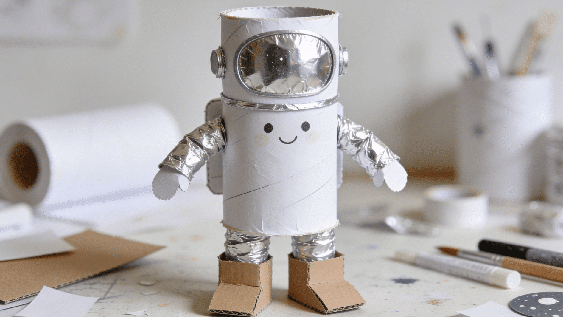 cute homemade astronaut figure made from a white-painted toilet paper roll, with a foil helmet visor, a small drawn smiling face, foil arms, and cardstock boots, standing upright on a craft table