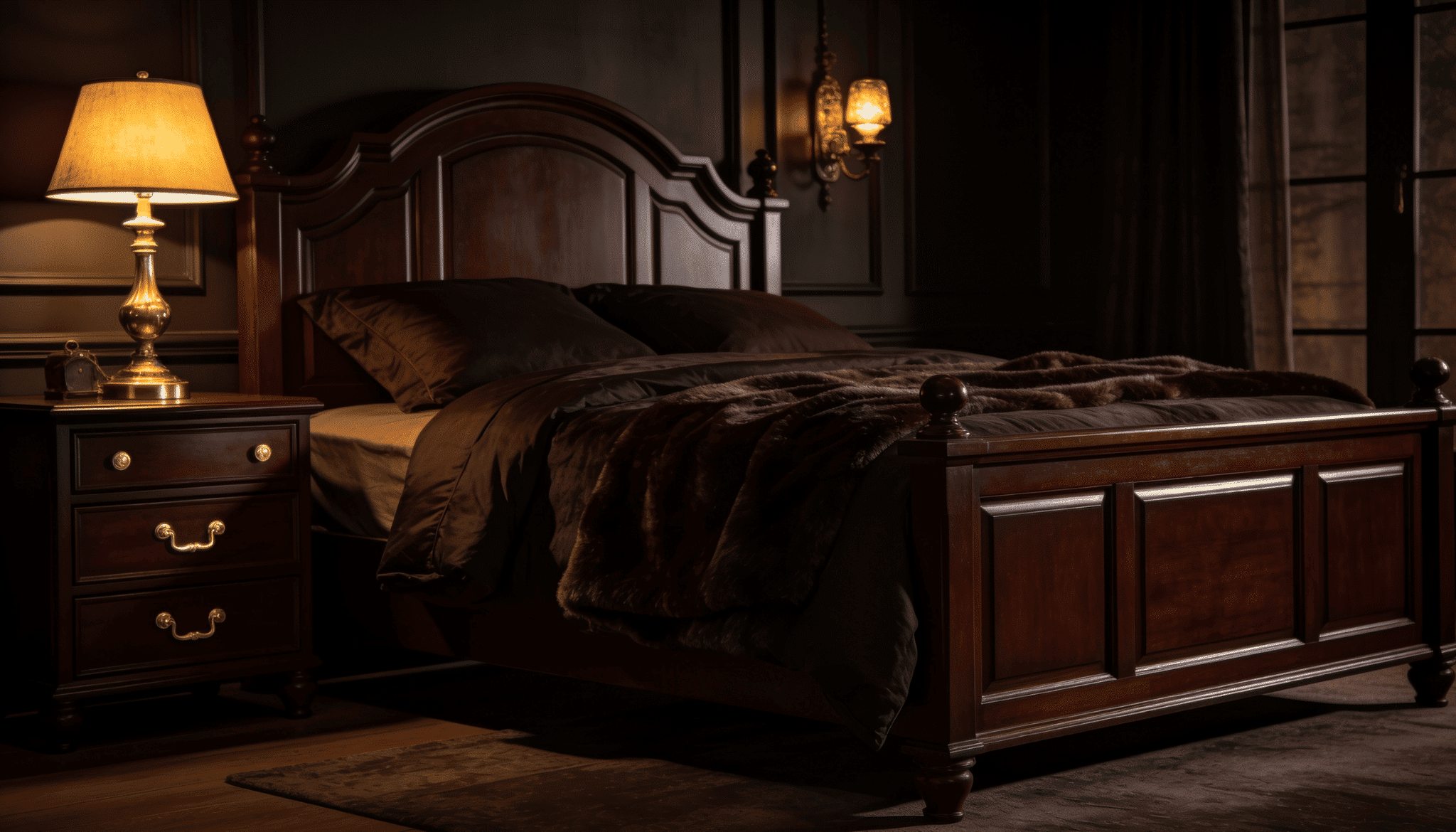 dark moody bedroom with mahogany wood bed frame, brass lamp, and faux fur throw blanket