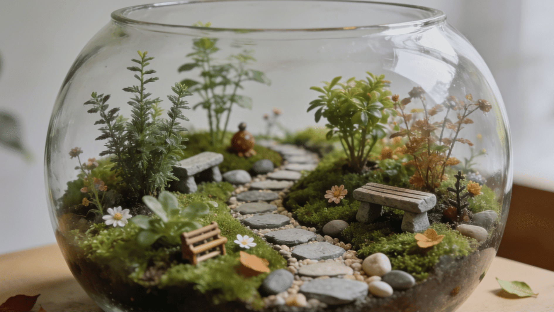 decorative theme terrarium with miniature pathway benches moss and small plants arranged inside a clear glass bowl