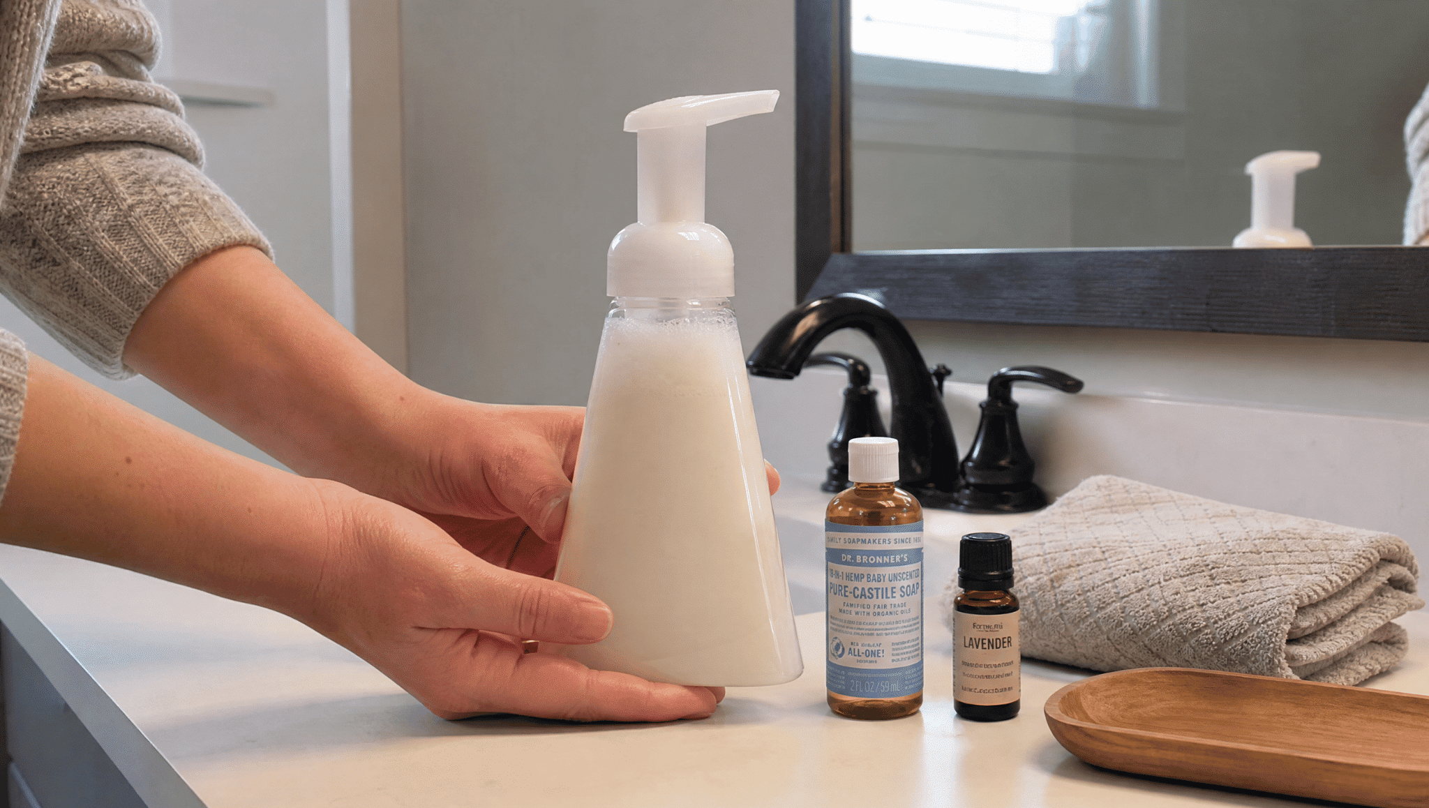 diy foaming hand soap dispenser with castile soap bottles on a bathroom counter