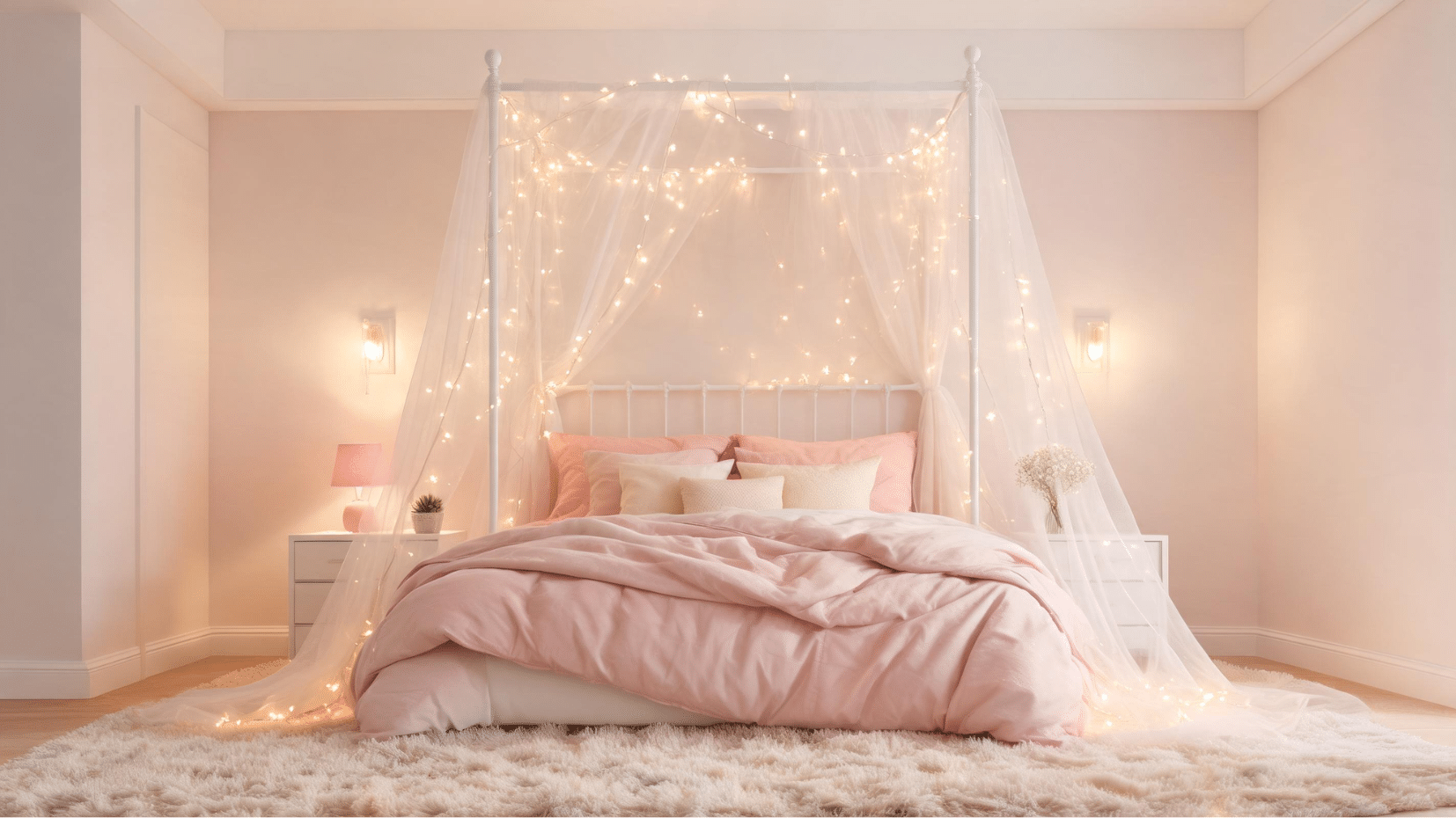 dreamy canopy bed with fairy lights and pink bedding