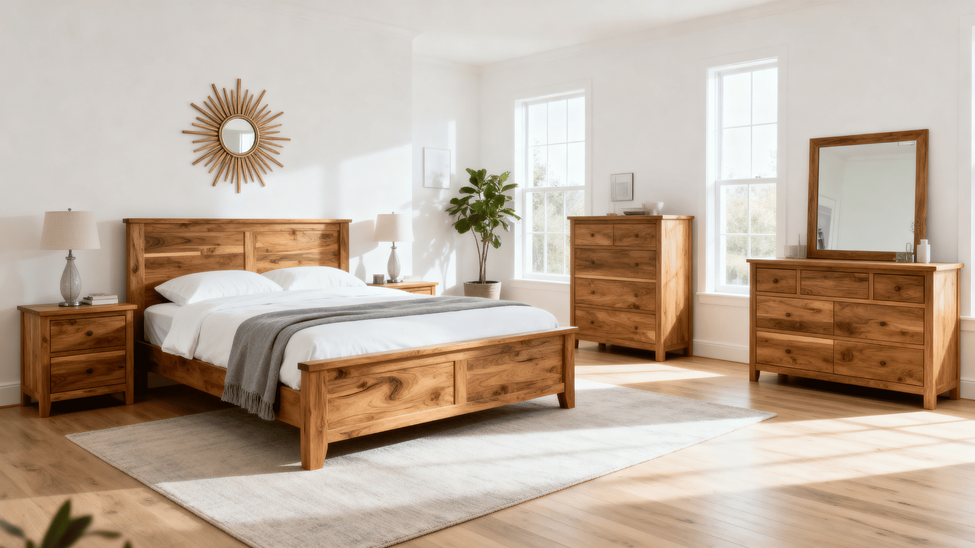 driftwood dresser bedroom with grey bedding soft lighting wood furniture and calm neutral interior full room view