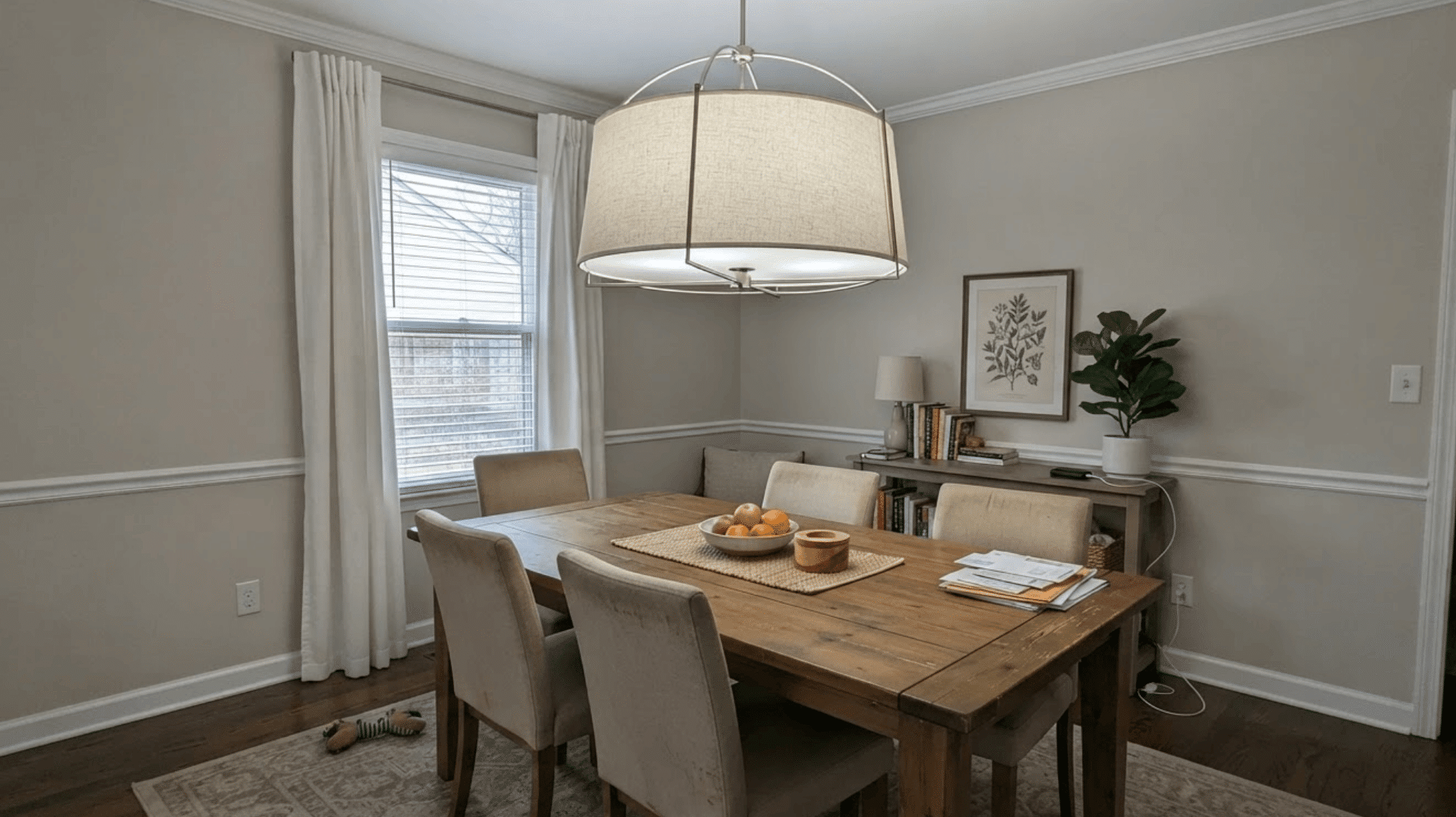 drum shade chandelier above dining table in transitional american home