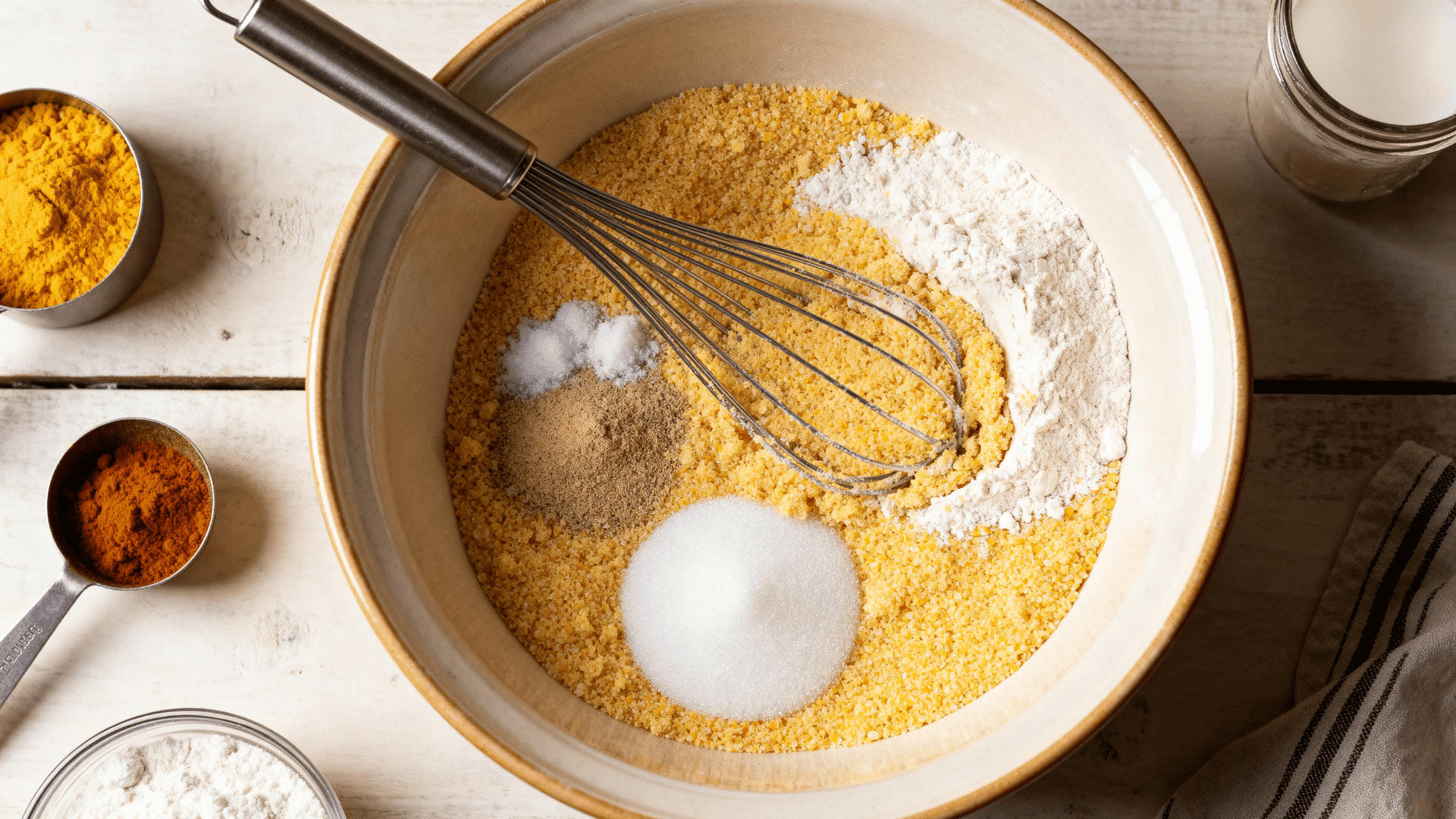 dry cornbread ingredients mixed in a ceramic bowl on a wooden counter