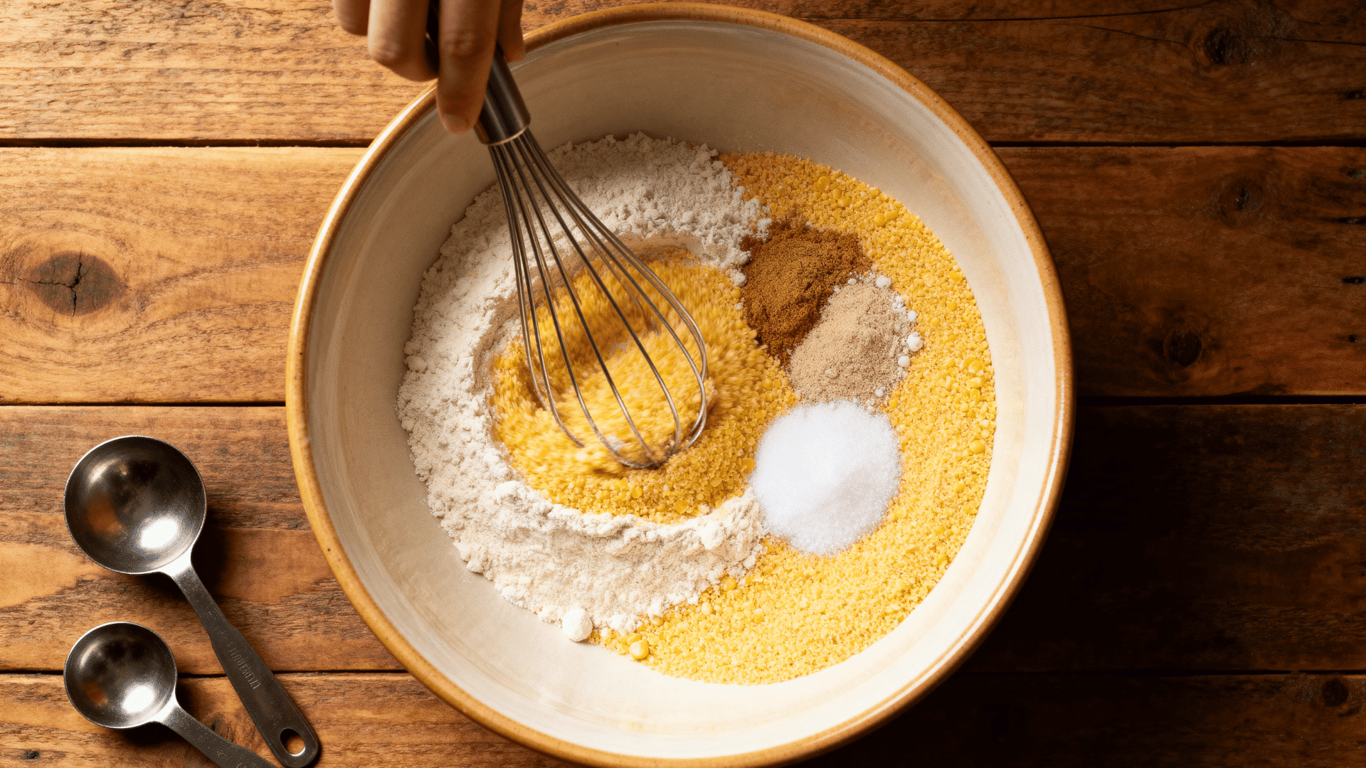 dry southern-style cornbread ingredients mixed in a ceramic bowl
