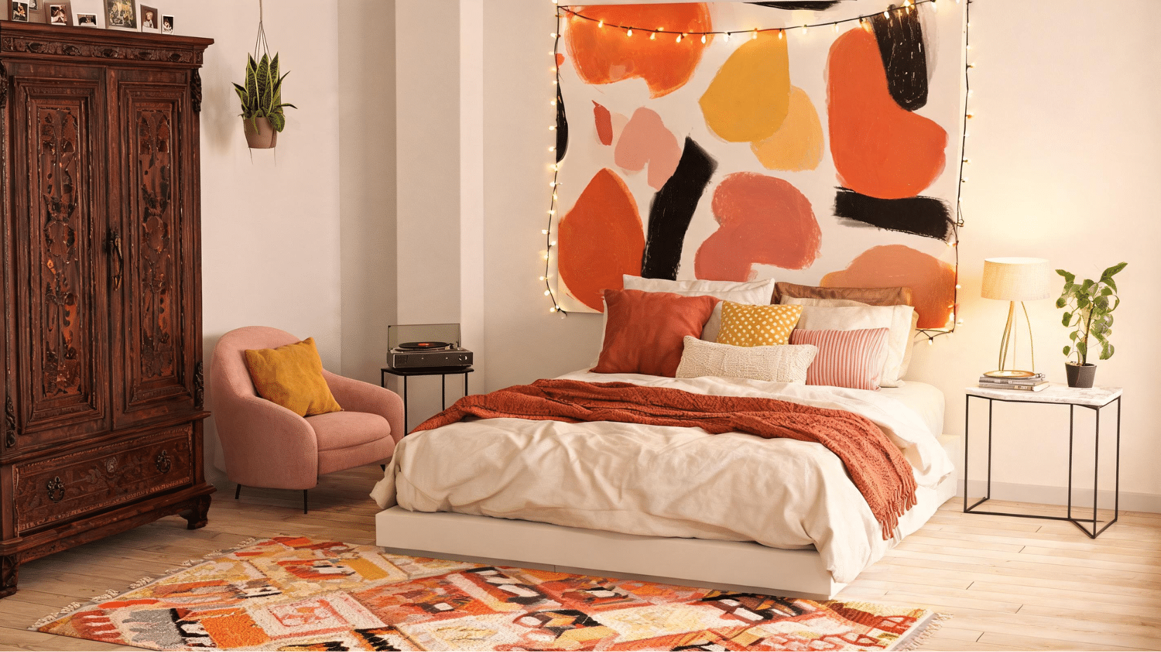 eclectic bedroom with vintage cabinet and bold patterns