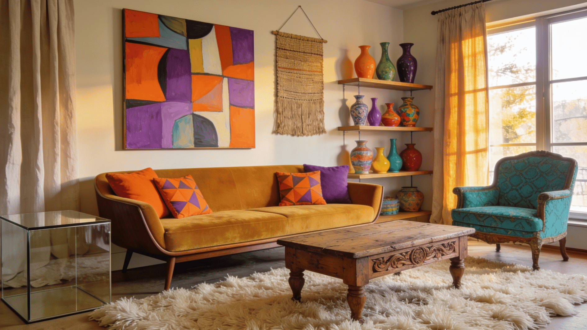 eclectic living room mixing styles textures and colors with artistic layered and curated decor feel