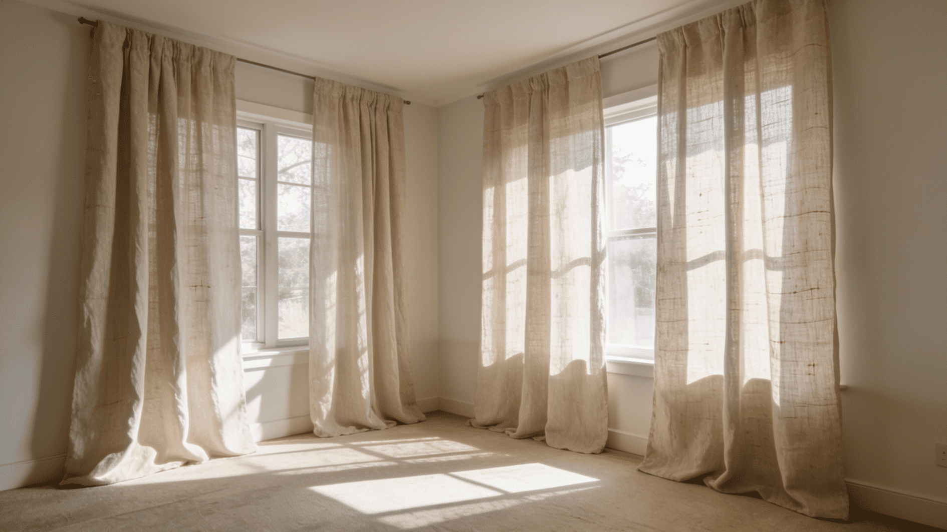 empty corner room with raw linen curtains pooling on the floor, sunlight casting window-shaped shadows.