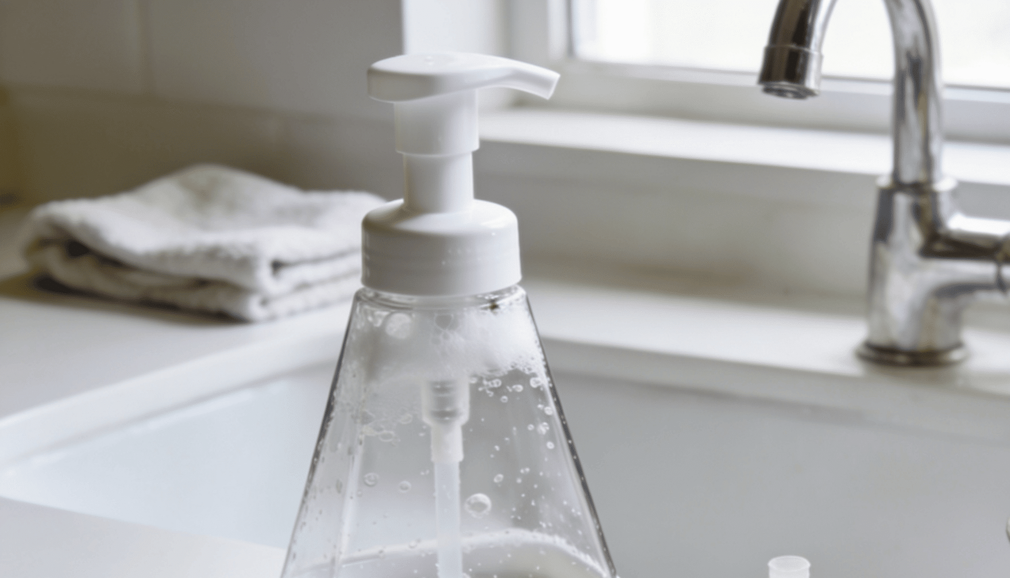 empty triangular foaming soap dispenser cleaned beside sink with white pump cap and supplies
