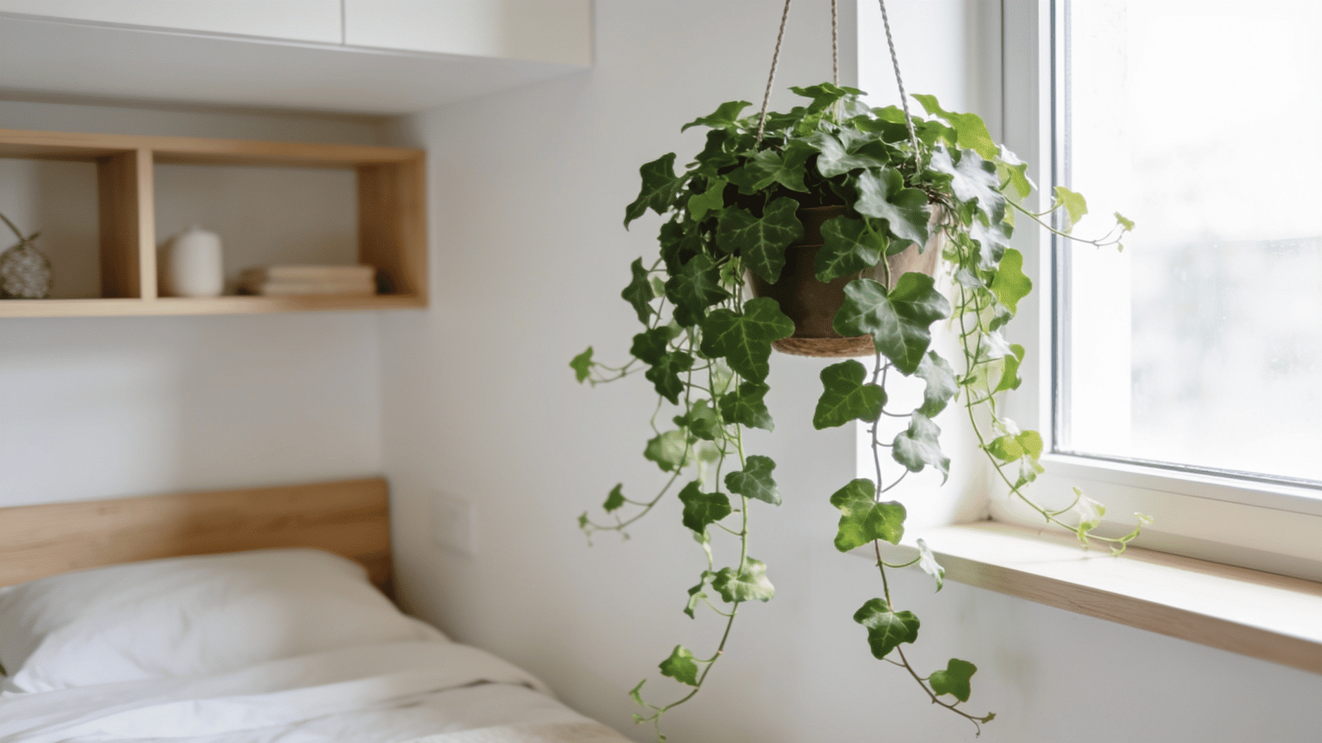 english ivy in a hanging pot beside a bedroom window with trailing vines and bright natural light