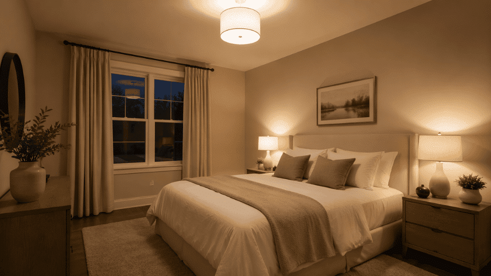 evening scene of a bedroom lit entirely with warm white lighting bedside lamps and ceiling fixture glowing softly in 2700k tone white bedding with beige throw taupe pillows soft wooden nightstands
