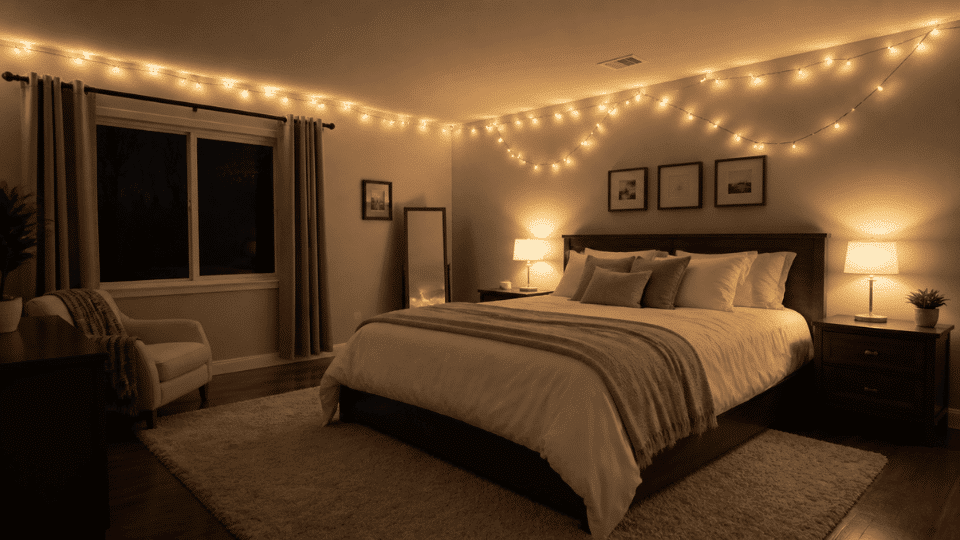 evening wide-angle view of a bedroom with warm white fairy lights strung across the ceiling edges and softly draped above the bed area