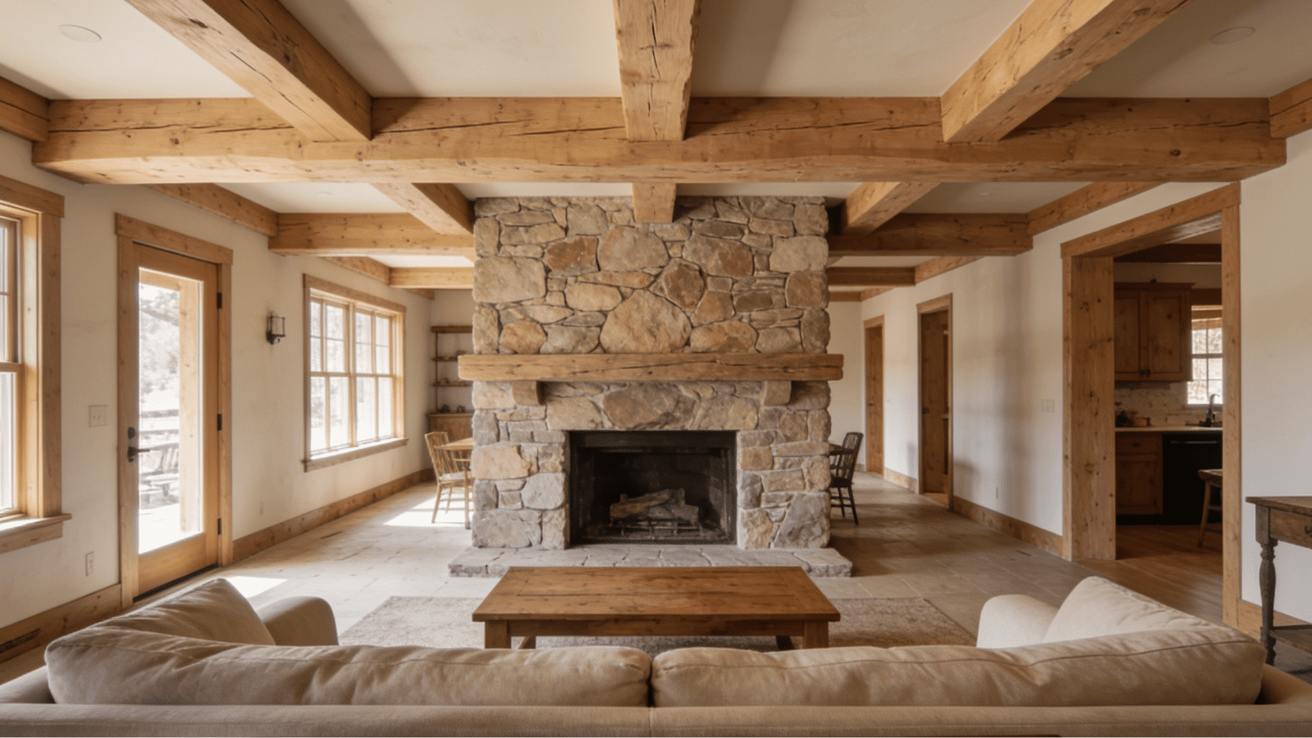 exposed beam wood ceiling with natural timber beams in a rustic farmhouse living room with warm natural lighting