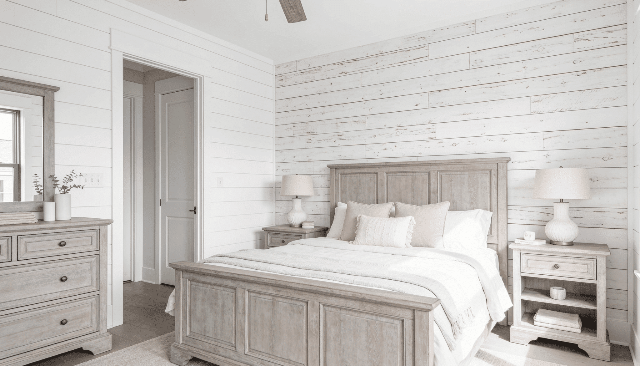 farmhouse bedroom with shiplap accent wall, weathered gray wood bed, dresser, and nightstands