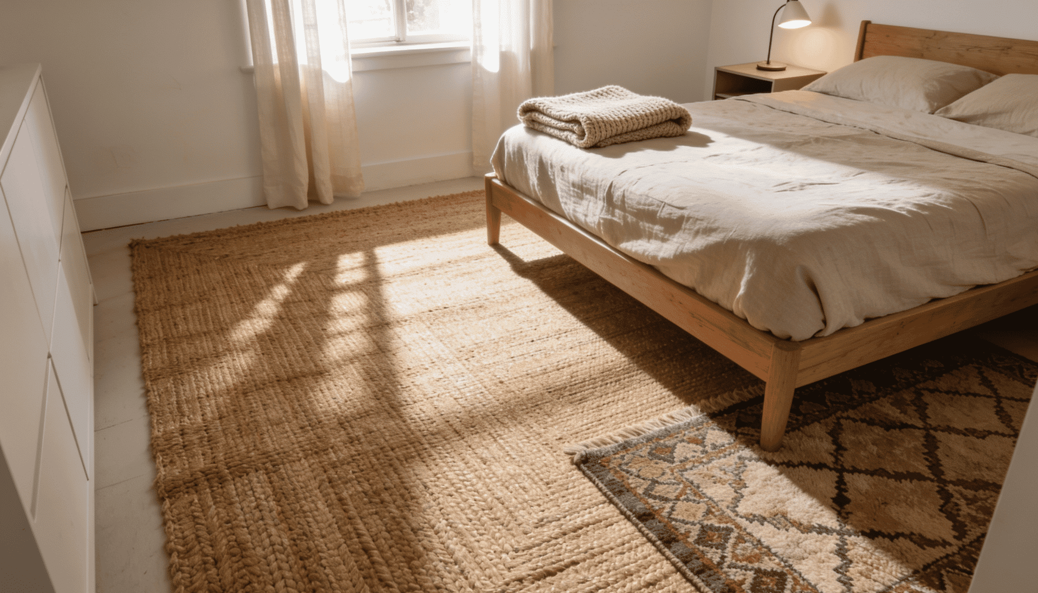 farmhouse bedroom with wooden bed, chunky knit throw, built-in wood shelving, wicker baskets, and jute area rug