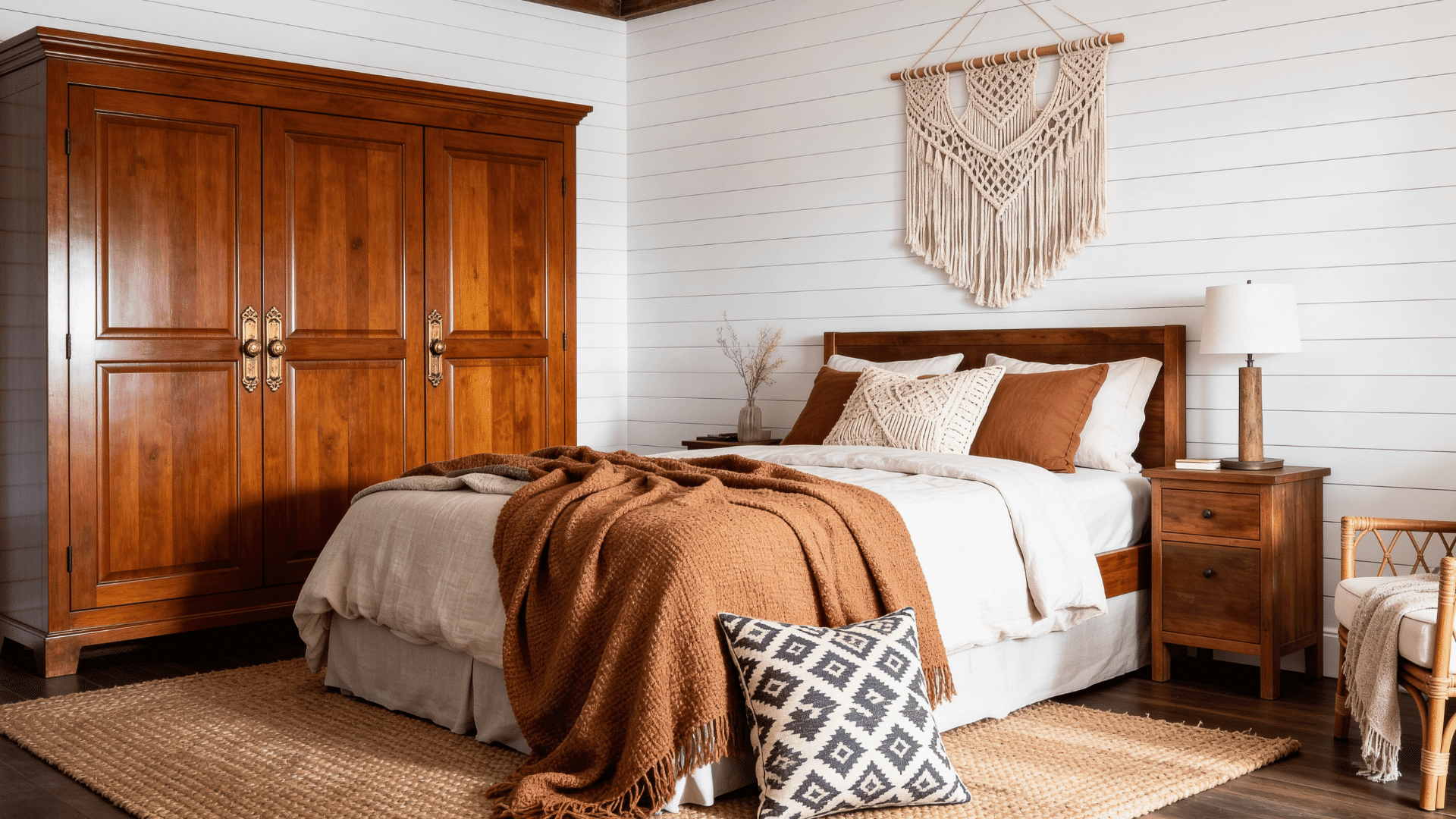 farmhouse boho bedroom shiplap macrame wood furniture layered bedding warm lighting full room interior view (1)