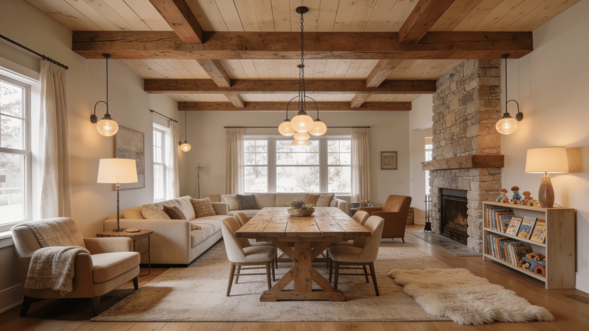 farmhouse living room with rustic wood beams neutral tones cozy seating and warm family friendly vibe