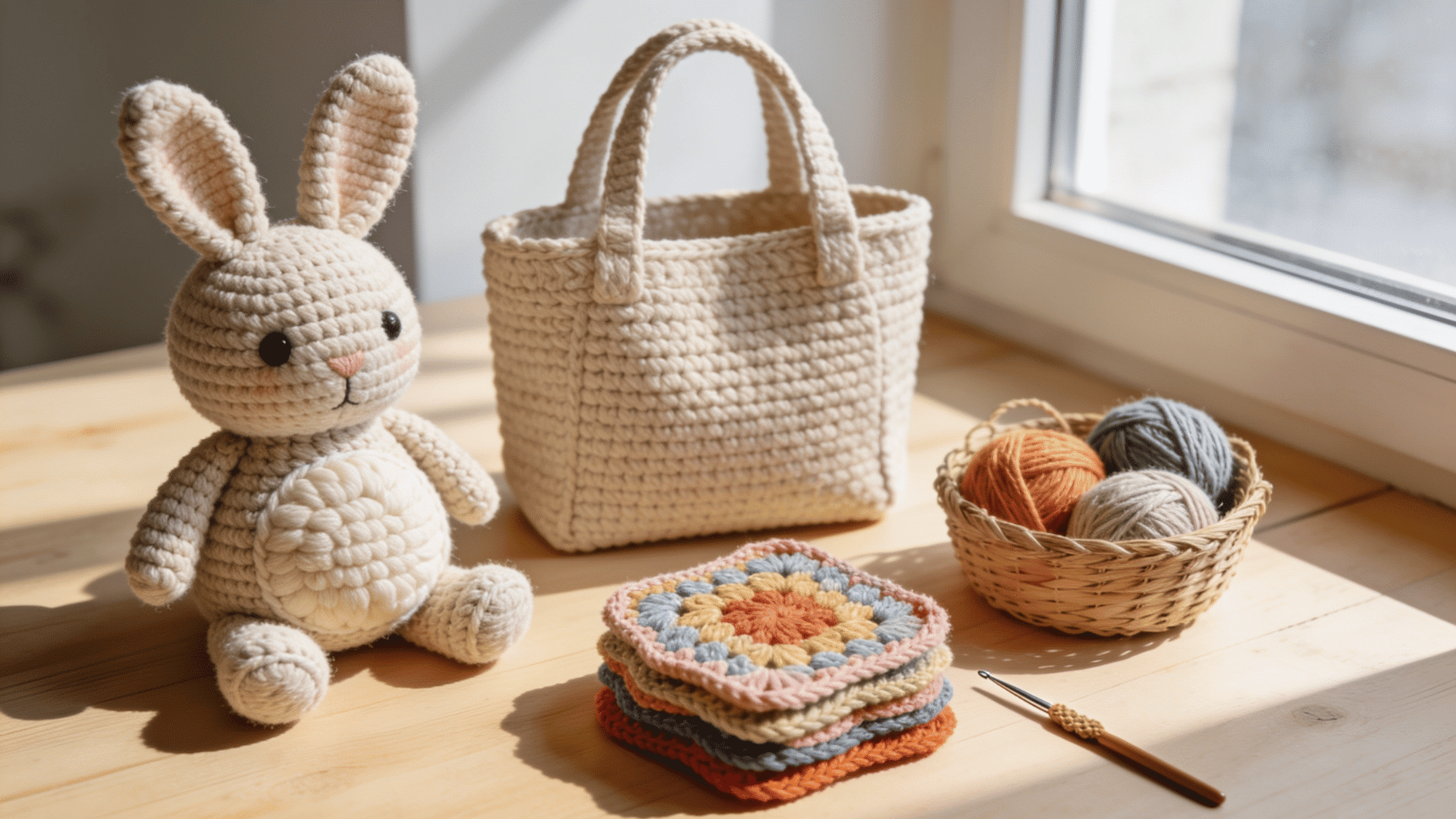 finished crochet projects a round amigurumi stuffed bunny with a plump belly, a sturdy structured tote bag standing upright, a stack of colorful granny-square coasters, and a small woven basket ho